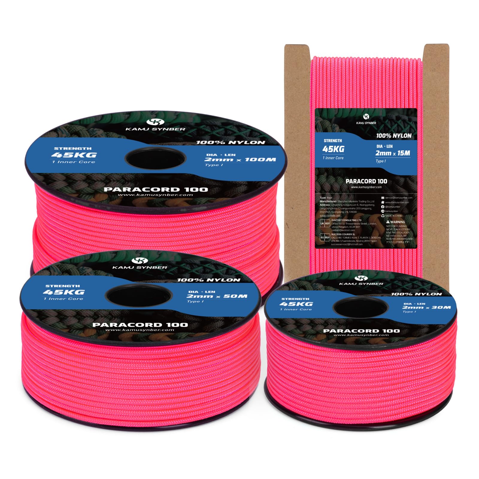 Kamu Synber 2mm Paracord 15M 100% Nylon Rope 1 Strand Type I Parachute Cord for Crafting, Outdoor, DIY, Camping | Support 45kg | Neon Pink