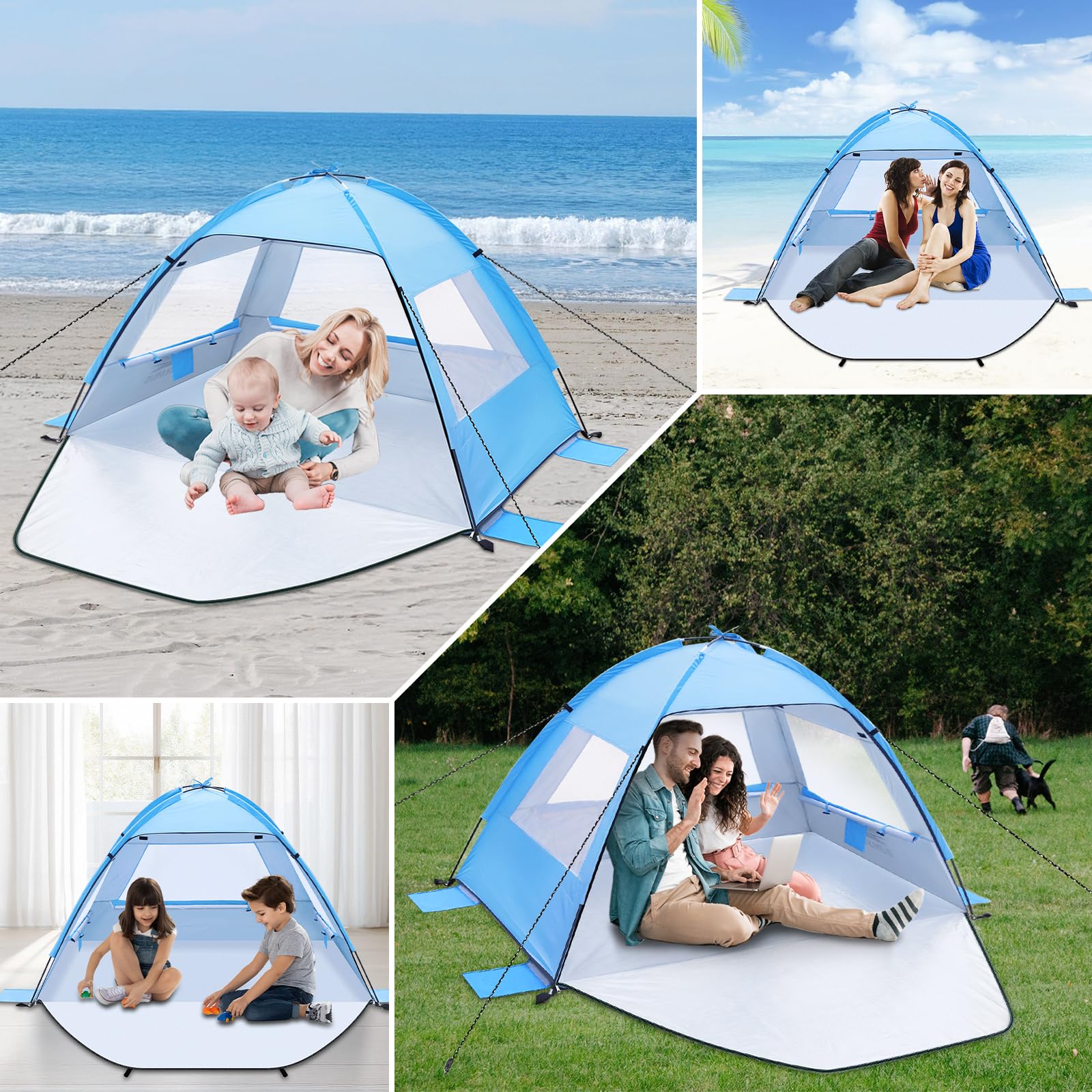 Tente de Plage Anti-UV 50+ Portable pour Bébé et Adulte - Abri de Plage Coupe-Vent (Bleu Lac, 185x120x110cm)