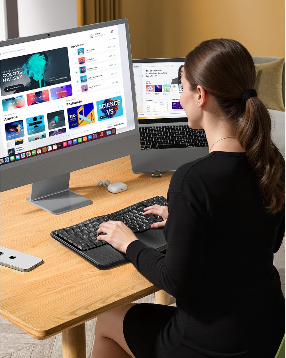 seenda Wireless Ergonomic Keyboard with Cushioned Wrist Rest, COE311 USB+Type-C+Bluetooth Multi-Device Rechargeable Keyboard, Wave Keys, Compatible for Windows/macOS/PC/Laptop/MacBook/iPad - Black