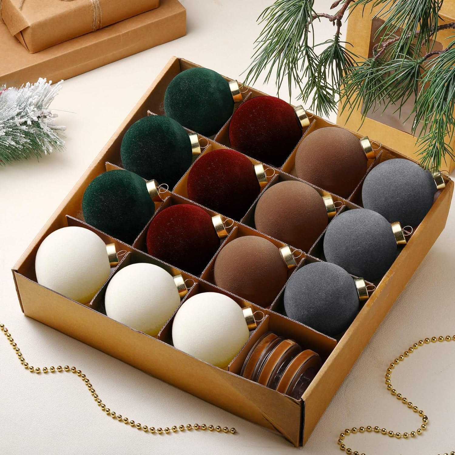 15 Pcs Velvet Christmas Ball Ornaments 3.15 Inch Flocked Christmas Tree Decorations with 10 Yards Velvet Ribbon Red Green Brown Pink Cream Shatterproof Xmas Baubles for Tree Holiday Decor