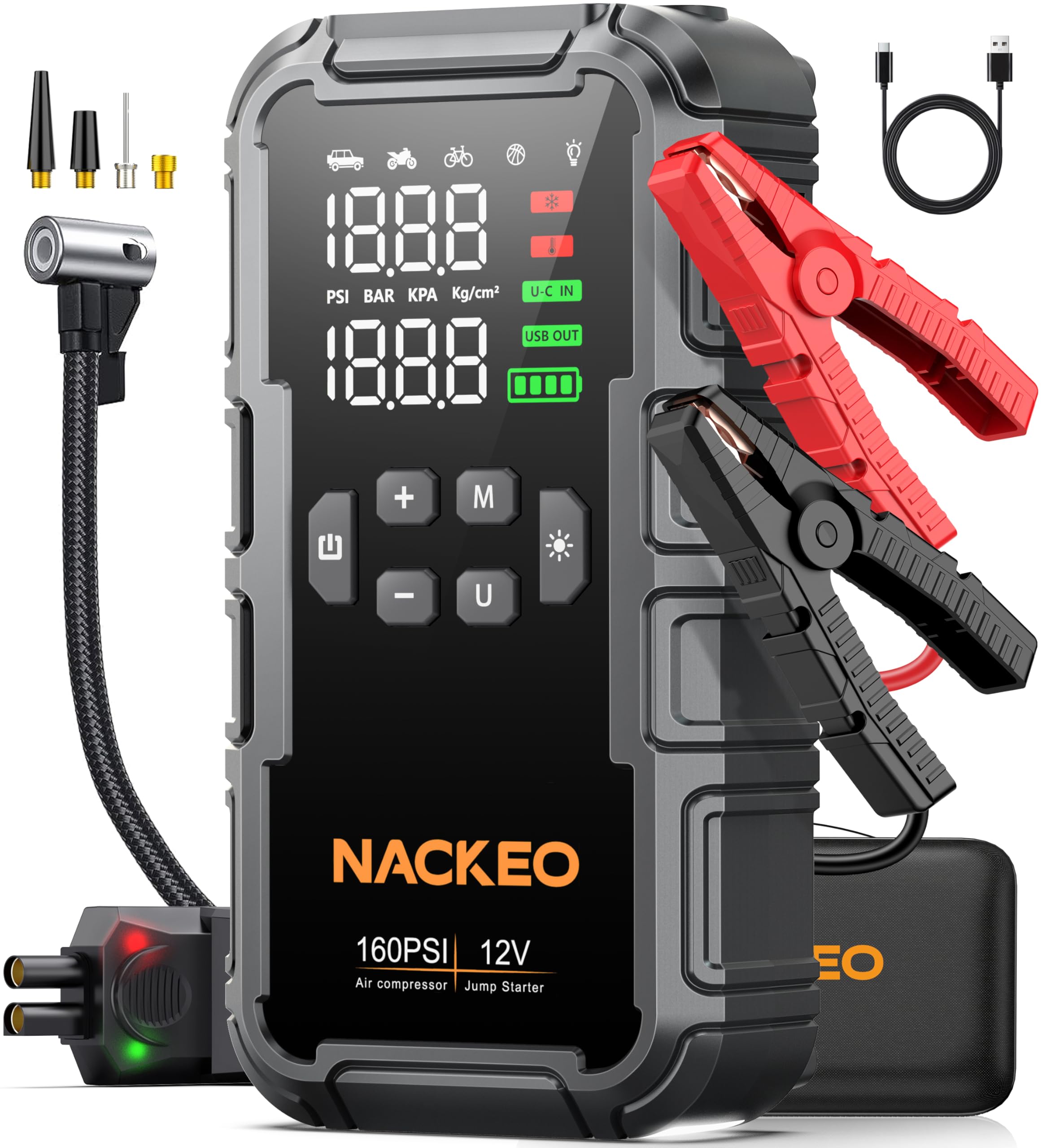 Car Battery Starter 8000A with Compressor, 160PSI Tire Inflator, Car Jump Starter 12V (Petrol and Diesel 12L), Jump Starter with LED Light 600LM, Jump Leads, LCD Display