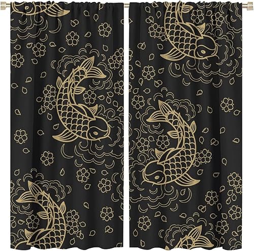 Miniatura 9 de Cortinas japonesas de pez Koi, estilo asiático con ondas oceánicas, oscurecimiento de habitación, ventana, bolsillo para barra, cortina para sala de