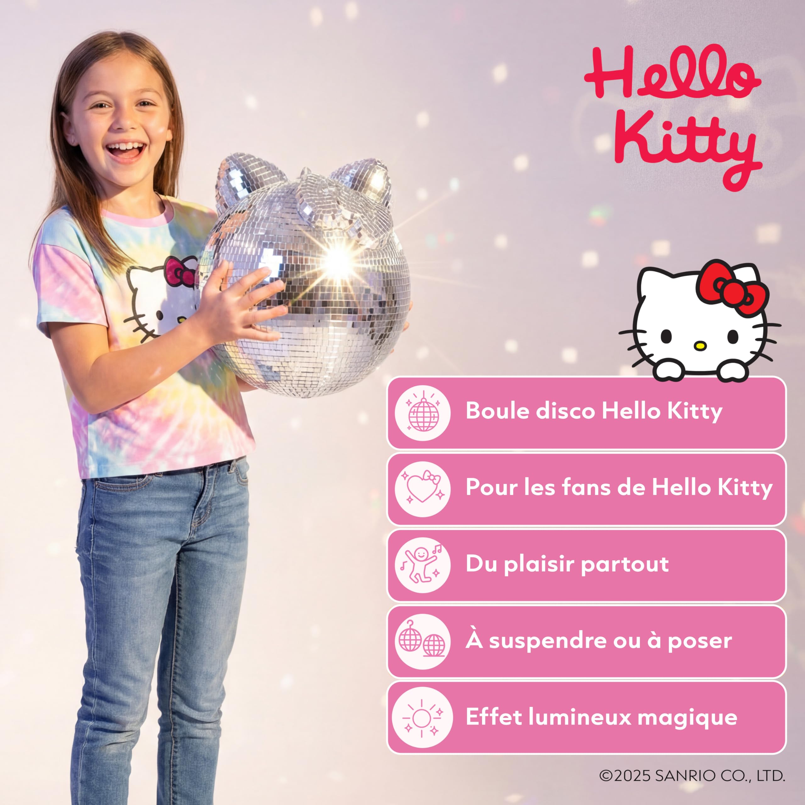 Hello Kitty Boule à facettes, décorative, avec effet miroir, lumière disco, pour chambre d'enfant et anniversaire, 25 x 25 x 27 cm, mini boule à facettes, décoration pour l'intérieur et l'extérieur
