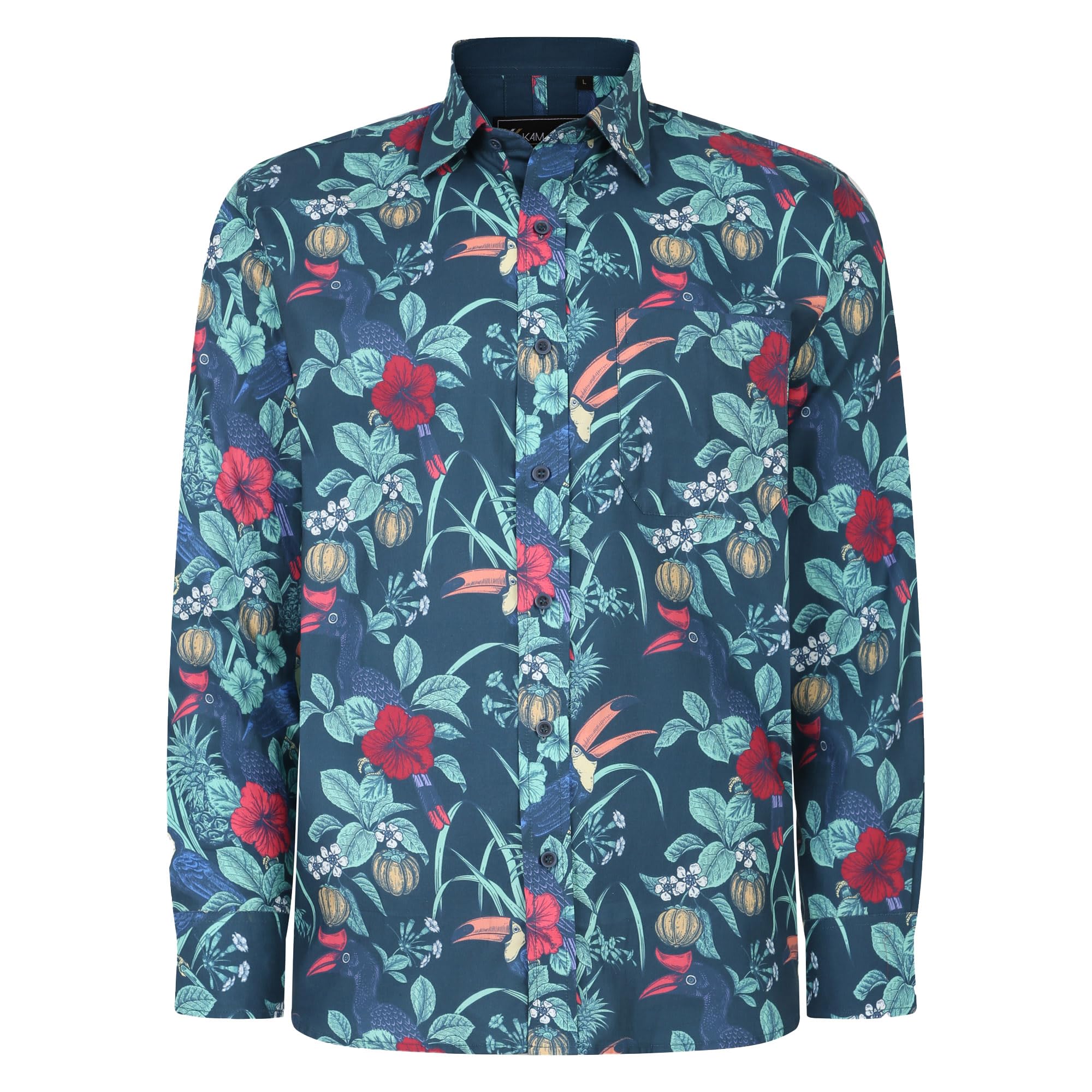 Kam Men's Navy Bird Print Shirt Long Sleeve Button Up Collared Cotton Casual Plus Size 2XL-8Xl 6047Ls (Uk, Alpha, 3XL, Plus, Regular)