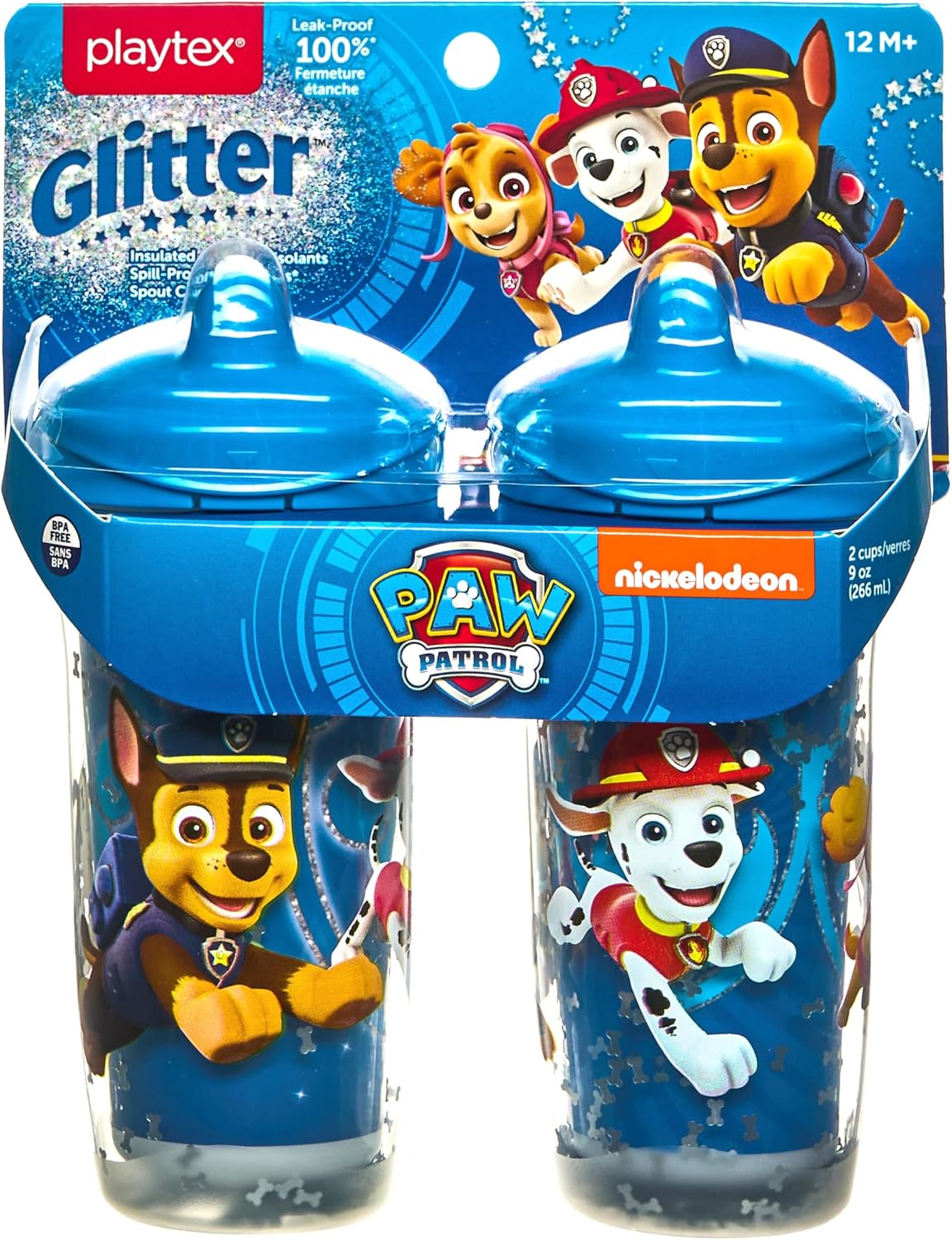 Playtex Baby Sipsters Hard Spout PAW Patrol Sippy Cup for 12+ Months, 9 Ounce (2 Count), Blue Glitter Chase and Marshall, Insulated Water Bottle for Kids, Spill-Proof Cups for Toddlers 1-3, Stage 3