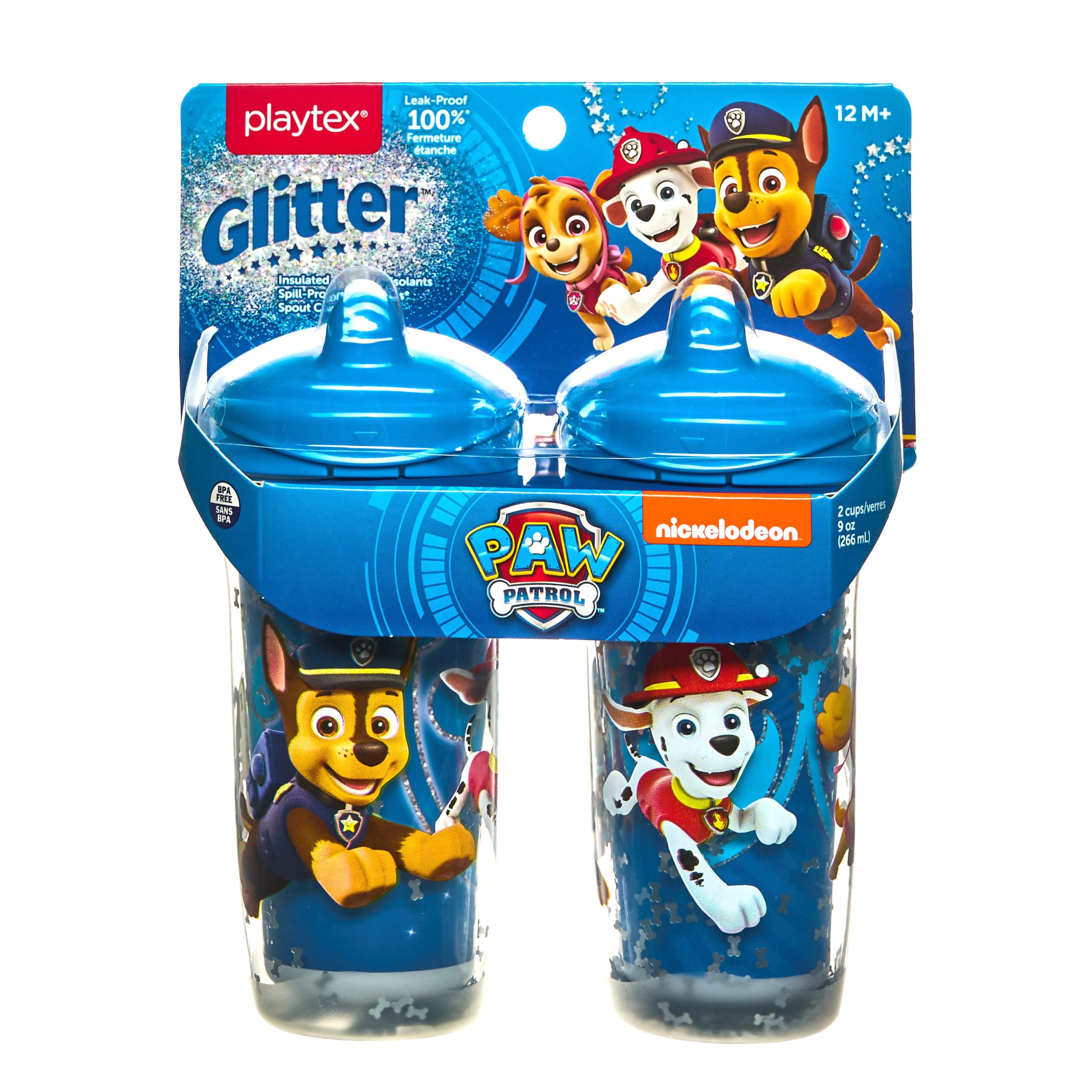 Playtex Baby Sipsters Hard Spout PAW Patrol Sippy Cup for 12+ Months, 9 Ounce (2 Count), Blue Glitter Chase and Marshall, Insulated Water Bottle for