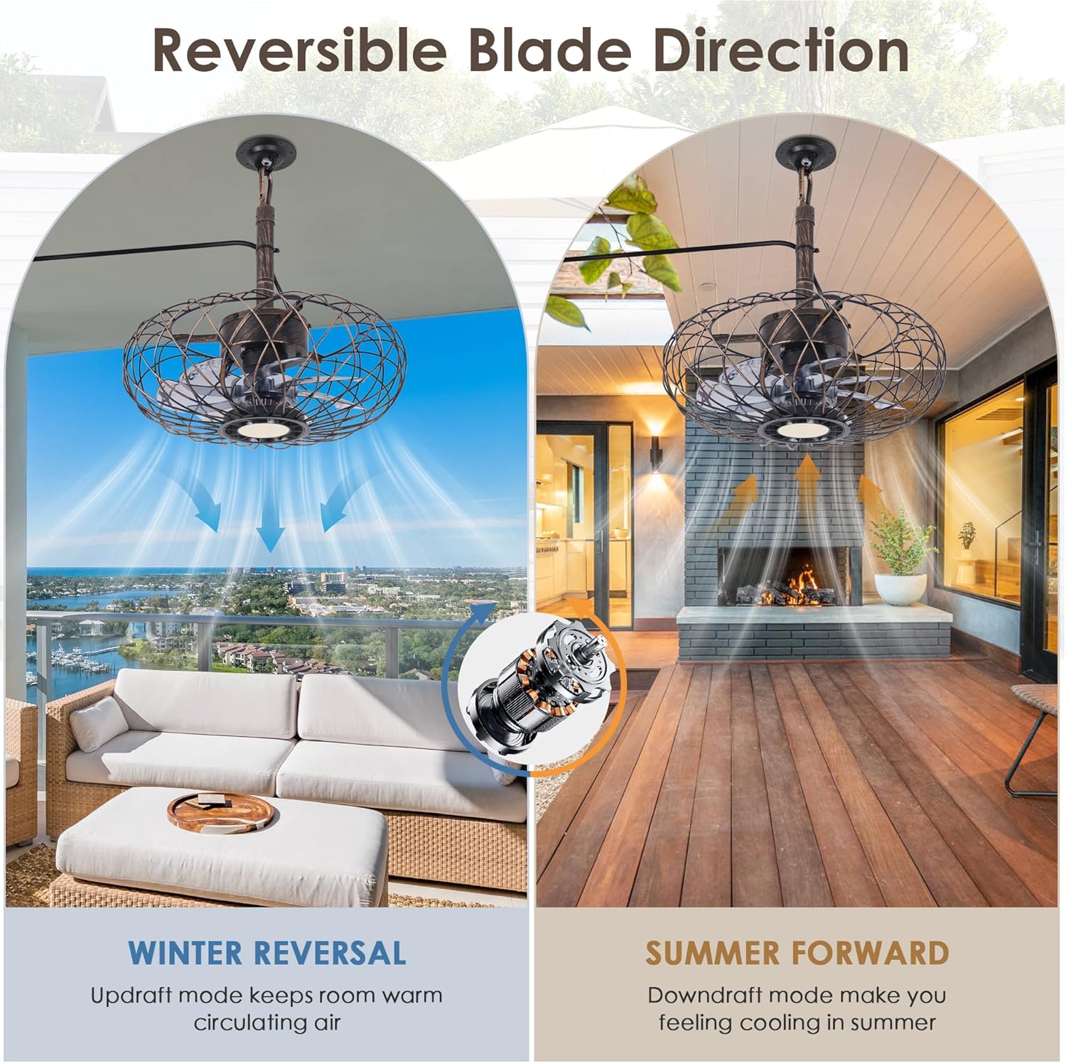 PAZALA 15" Gazebo Ceiling Fans with Lights and Remote Control, Waterproof Enclosed Caged Ceiling Fan with 3 Color LED Light, Portable Hanging Outdoor Fan with Plug in Cord Hook for Patios Rustic