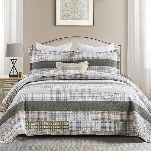 Miniatura 1 de Y-PLWOMEN Juego de edredón tamaño King 100 % algodón, color verde grisáceo, tamaño King, acogedor, a cuadros, ligero, para todas las estaciones, 3