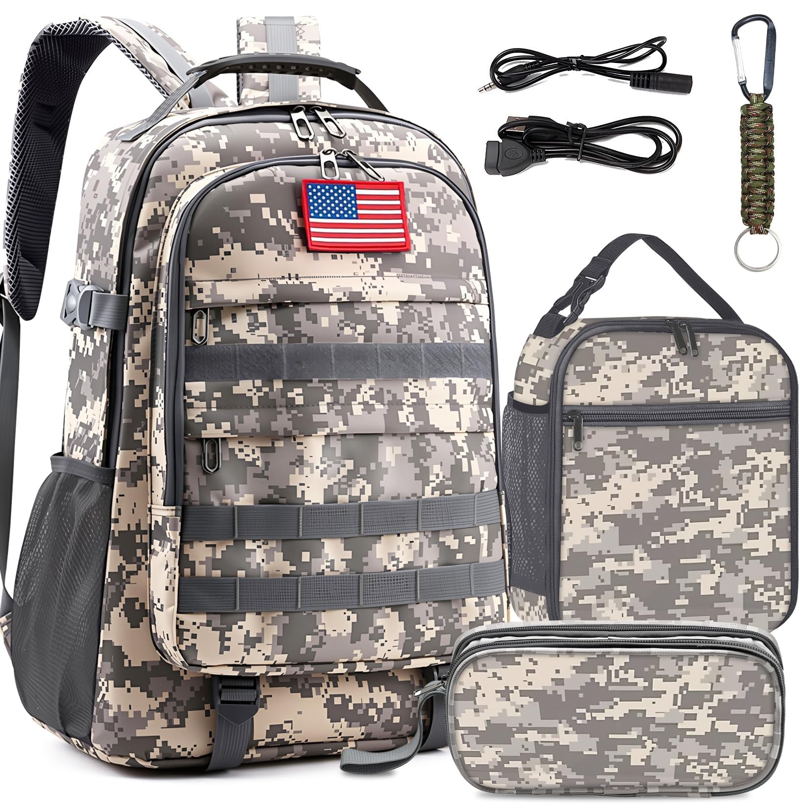 Fitvc School Backpack for Boys - 4pcs Camo Boys Backpack with Lunch Box Set for Kids Teens Elementary Middle School - 18″ Camouflage Bookbag with Usb