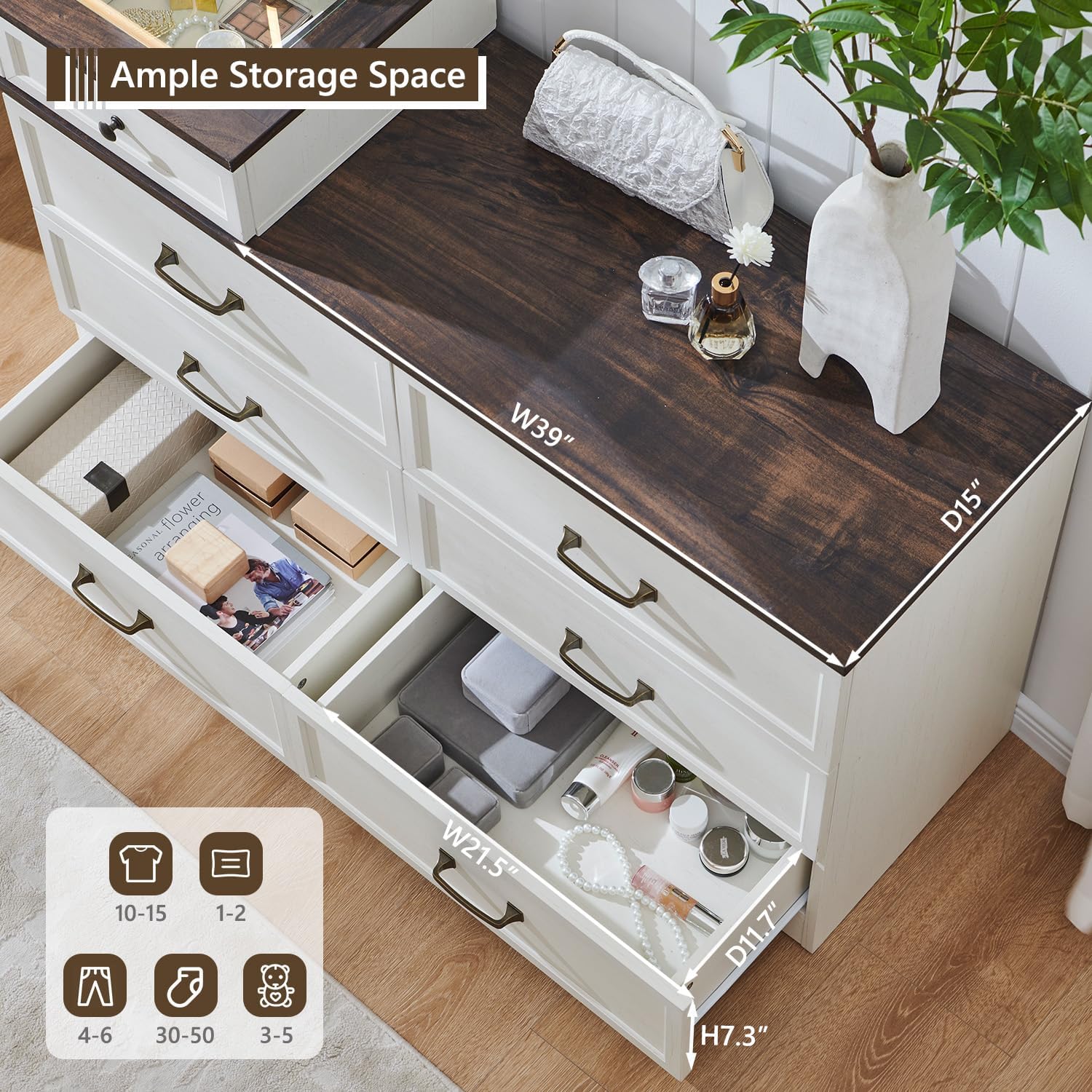 69" W Big Vanity Desk with Glass Top, Farmhouse Makeup Table with 9 Large Storage Drawers, Rustic Wood Bedroom Dressing Table w/3 Color Available Light & 30" HD Led Mirror, Antique White