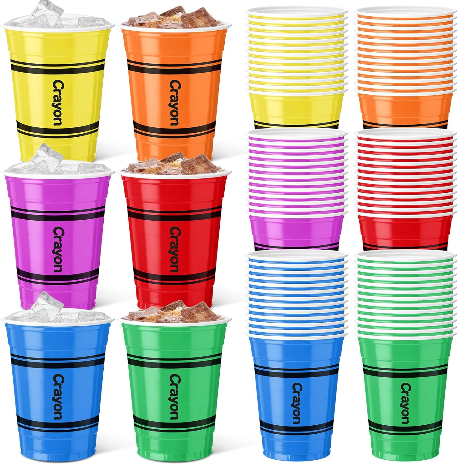 Qinyoung 48 Pcs Back to School Crayon Plastic Disposable Cups, 12 oz Disposable Plastic Drinkware for Juice, Beverages in 6 Rainbow Colors for First Day Celebration Holiday Party Table Supplies