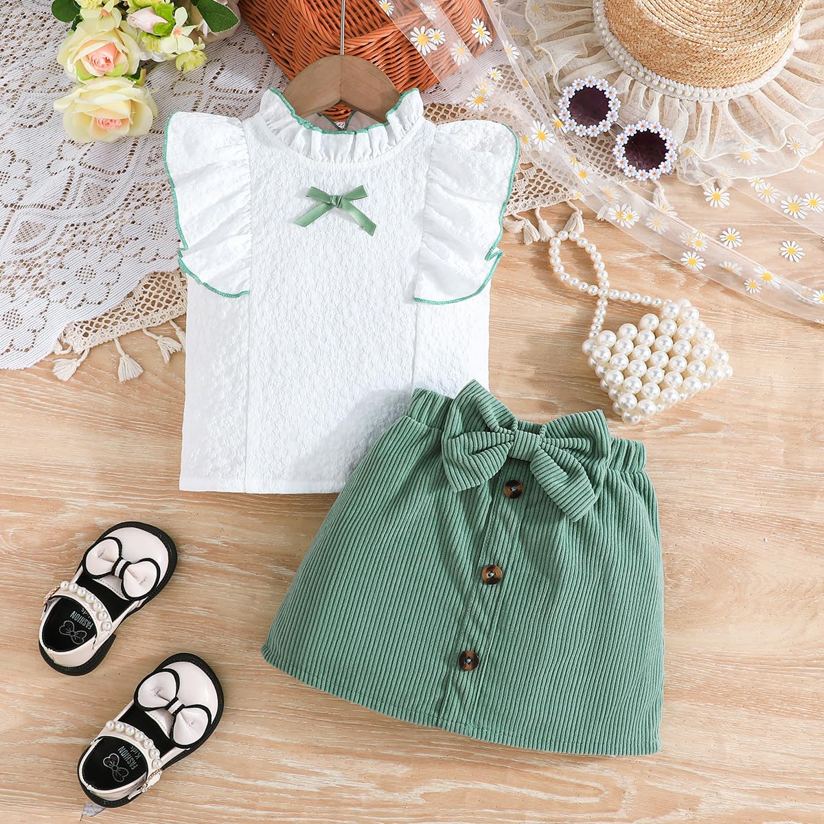 Ensemble Bébé Fille Été Sans Manches à Volants Tops + Bouton Mini-Jupe à Nœud Papillon 2 Pièces Ensemble Élégant Vêtement Tenues