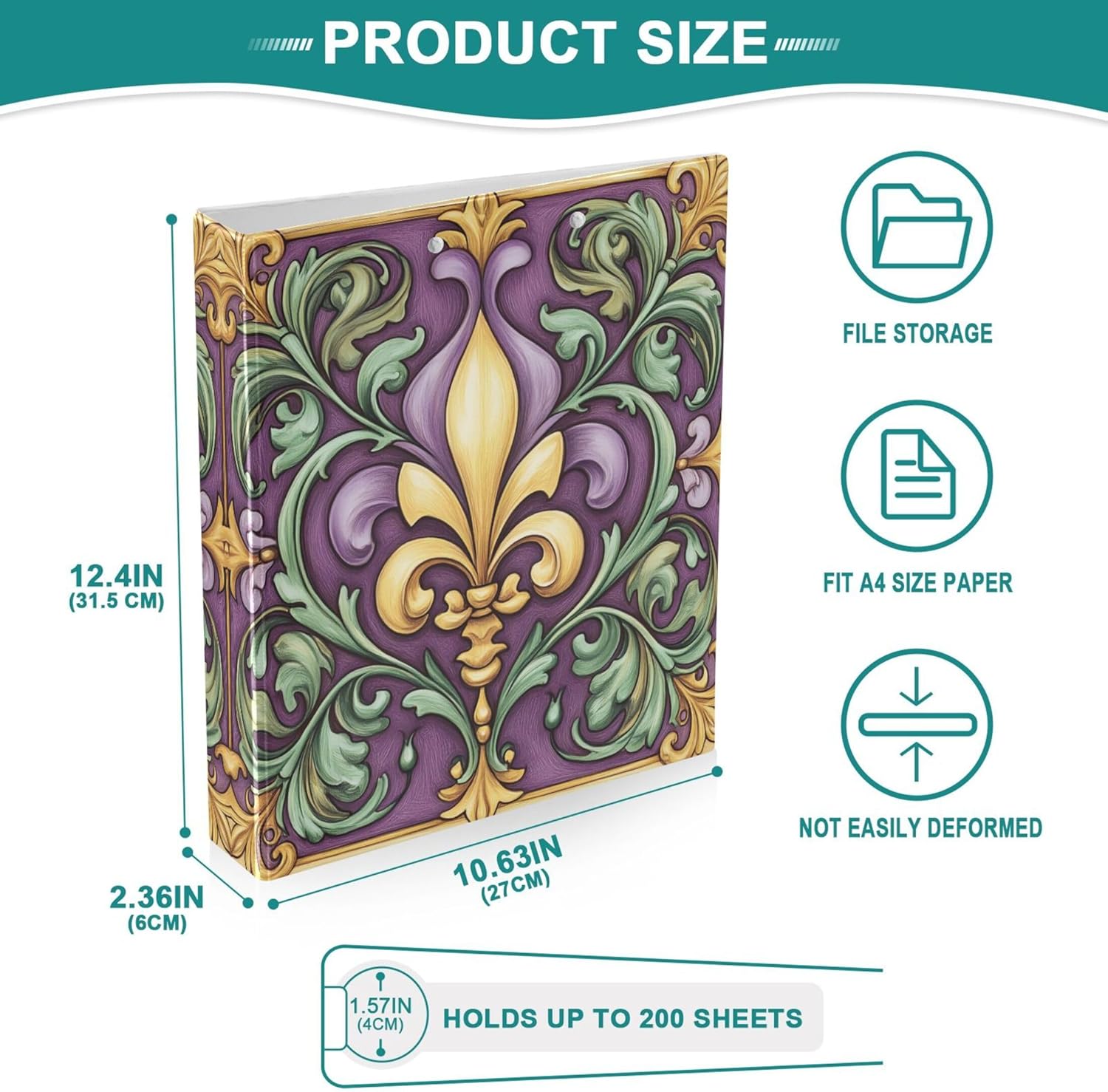 Fleur De Lis Mardi Gras 3 Ring Binders, 1.5” Round Ring Binders with Clipboard - Letter Size, 3 Interior PVC Clear Pockets & Anti-Slip Clip for Office School Supplies, 2PCS