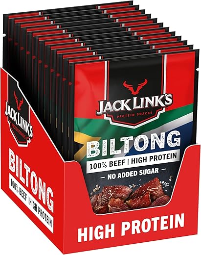 Jack Link's Biltong Jerky Original - Pack of 12 (12 x 40g) - Gluten Free Meat Snacks - Protein Rich Dried Meat for Fitness - Low Calorie Protein Snack