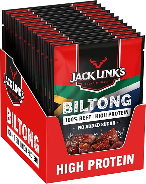 Jack Link’s Biltong Jerky Original - Pack de 12 (12 x 60 g) - Snack de viande sans gluten - Viande séchée riche en protéines pour le sport - Snack protéiné pauvre en calories - Chips de bœuf - 1