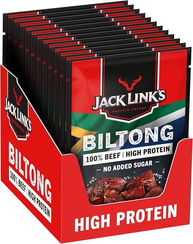 Jack Link’s Biltong Jerky Original - Pack de 12 (12 x 60 g) - Snack de viande sans gluten - Viande séchée riche en protéines pour le sport - Snack protéiné pauvre en calories - Chips de bœuf