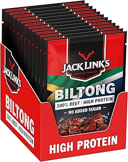 Jack Link's Biltong Jerky Original Bezglutenowe, Bogate w Białko Suszone Mięso Wołowe, na Siłownię, Trening i do Aktywnego Spędzania Czasu na Zewnątrz, Chipsy z Wołowiny (12 x 20 G)