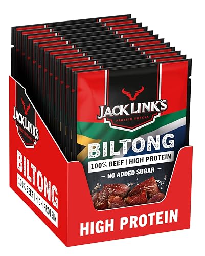 Jack Links Biltong Jerky Original – 12er Pack (12 x 60g) – Glutenfreier Fleisch Snack - High Protein Reiches Trockenfleisch für Gym, Fitness, Outdoor - Kalorienarme Protein Snacks - Rindfleisch Chips - Biltong - 60 g (12er Pack)