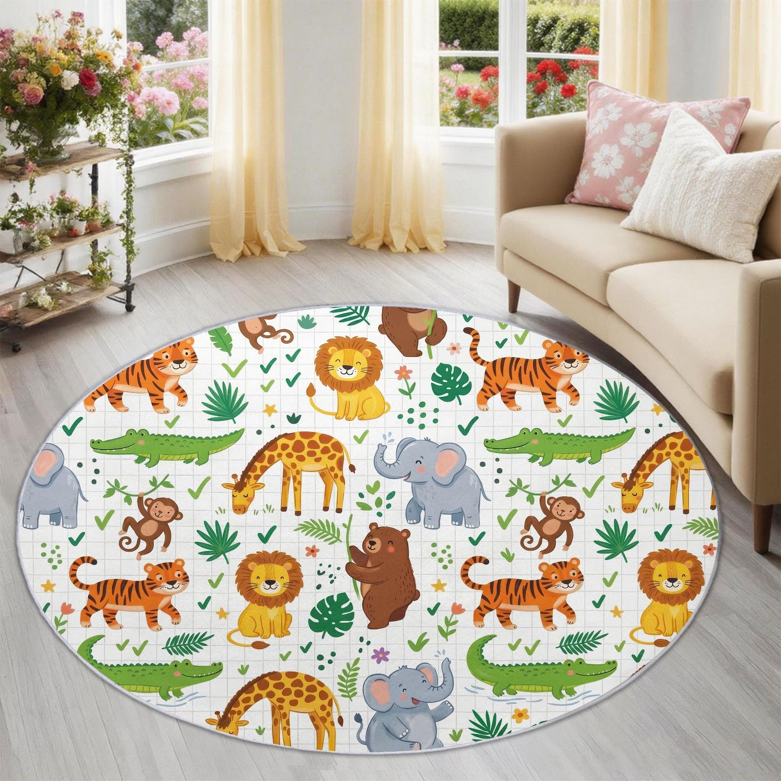 Alfombra redonda redonda de 100 cm con diseño de animales salvajes de dibujos animados de animales salvajes, alfombra de área lavable para bebés y niñas, alfombra de juego para bebés, alfombras suaves