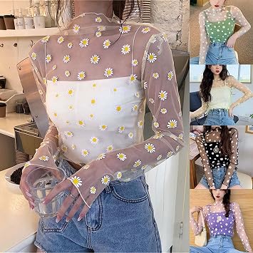 Ujicde Womens Summer Women Lace Shirts Fashion O Neck Loose Casual Long Sleeve Flower Printed Blouses Tops for Girl Color White, Size One Size