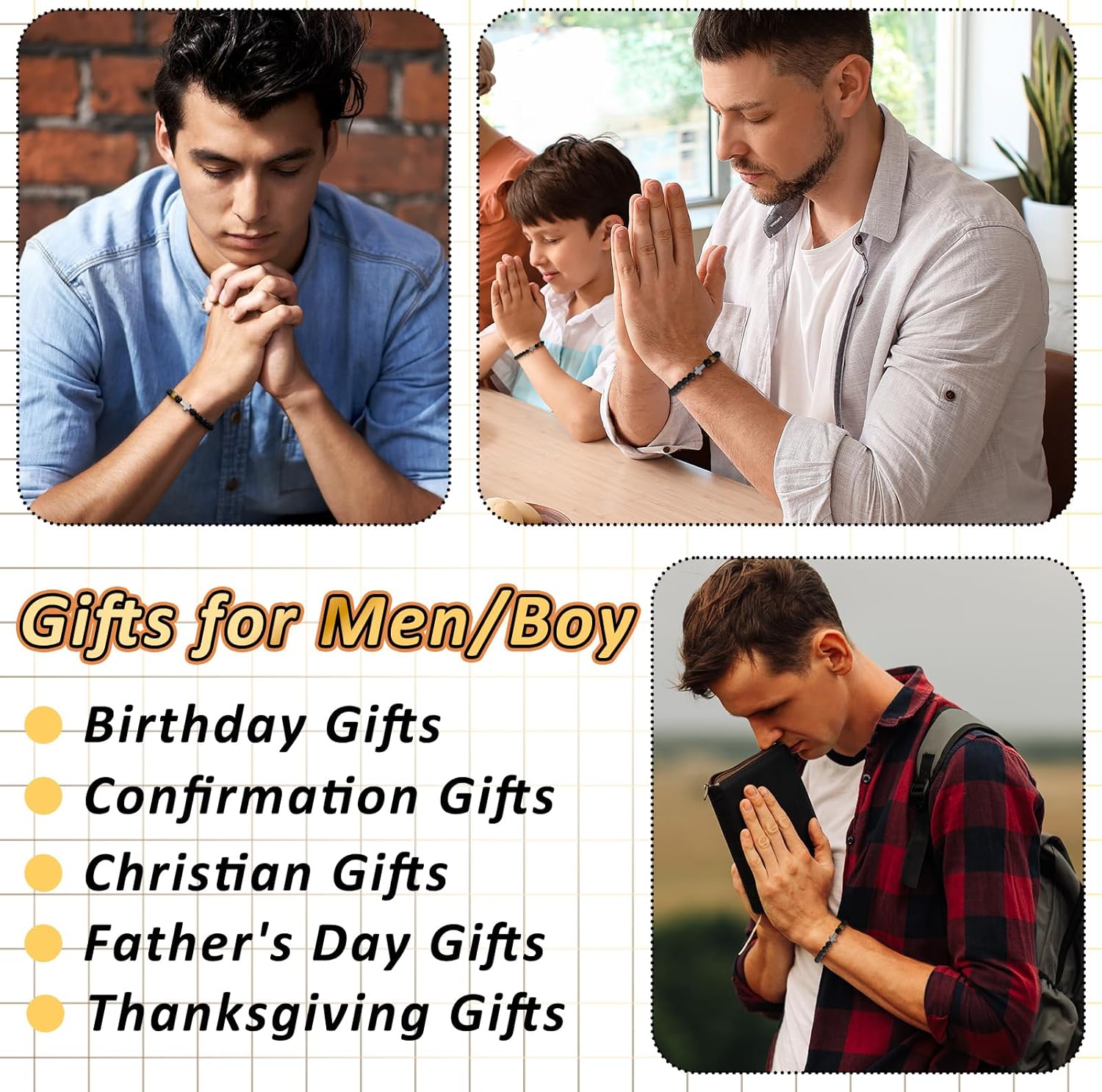 Cunno 12 Set Christian Cross Bracelets Bulk Religious Cross Beaded Bracelet for Women Men 12 Natural Beaded Stuffs Inspirational Cards Envelope Christian Jewelry Faith Gift(Chic Style,Black)