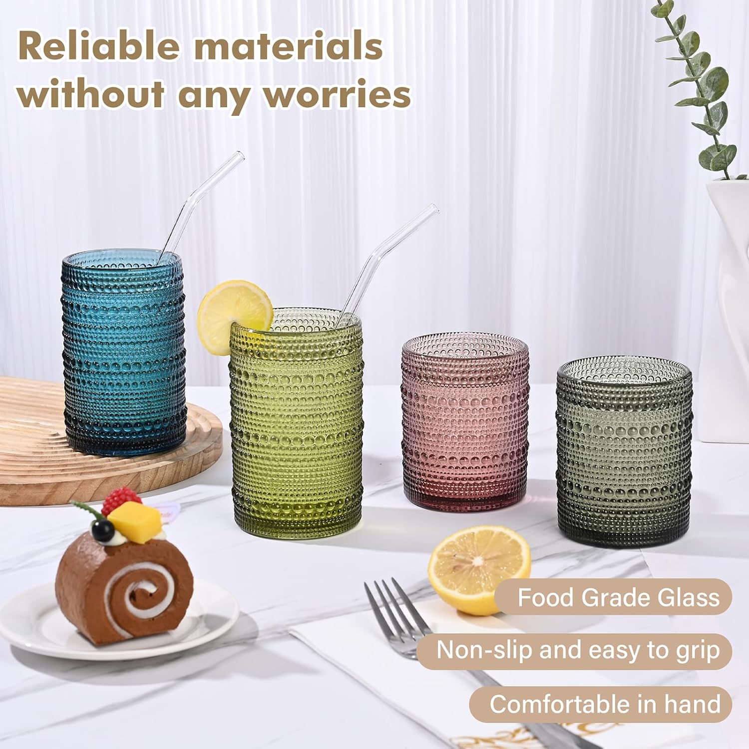 Vintage Hobnail Drinking Glasses Set of 8,Colored 12 oz & 15oz Highball Glass Cups, Kitchen Drinkware Glassware,Embossed Water Tumbler,for Beer,Cocktail,Whiskey,Juice and Various Mixed Drinks - Image 6