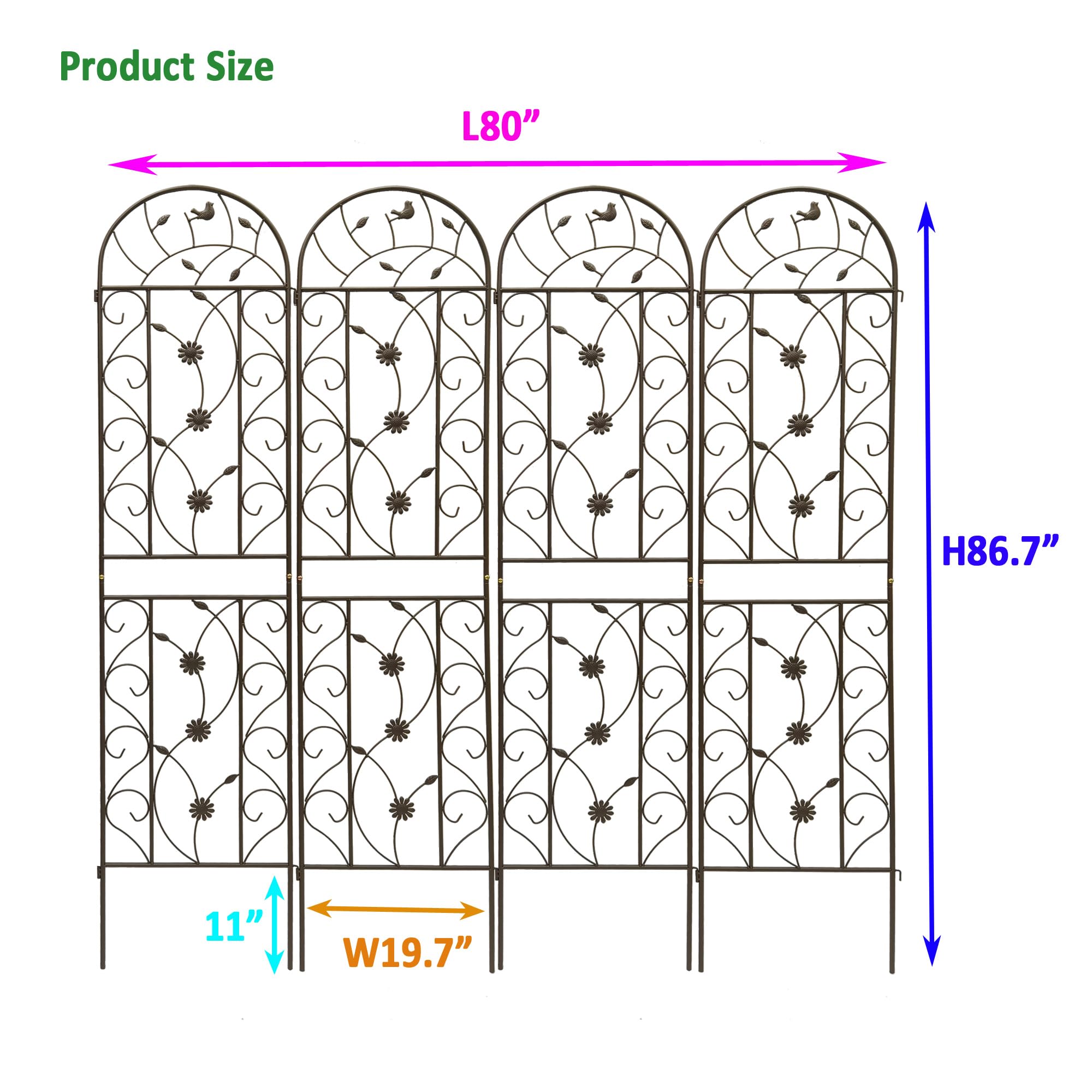 Enrejados de jardín, paquete de 4 enrejados inoxidables con revestimiento de metal marrón para plantas trepadoras al aire libre, rosas, vides, flores y verduras, 19.7 x 86.7 pulgadas