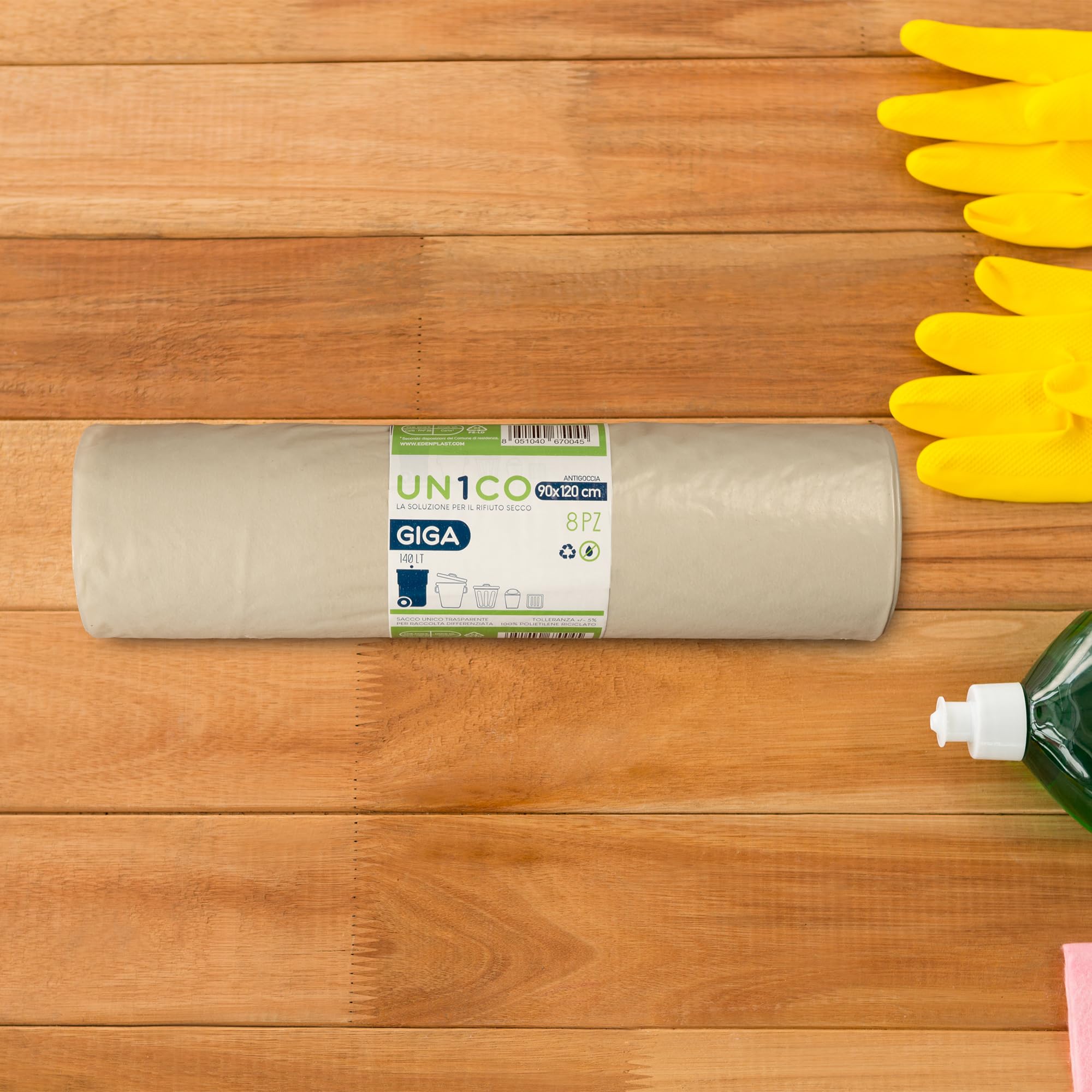 UN1CO GIGA Sacchi Spazzatura Trasparenti 140L - 90x120 cm – Sacchi Raccolta Differenziata Rifiuto Secco - Antigoccia - Polietilene Riciclato - 13 Rotoli da 8 sacchi