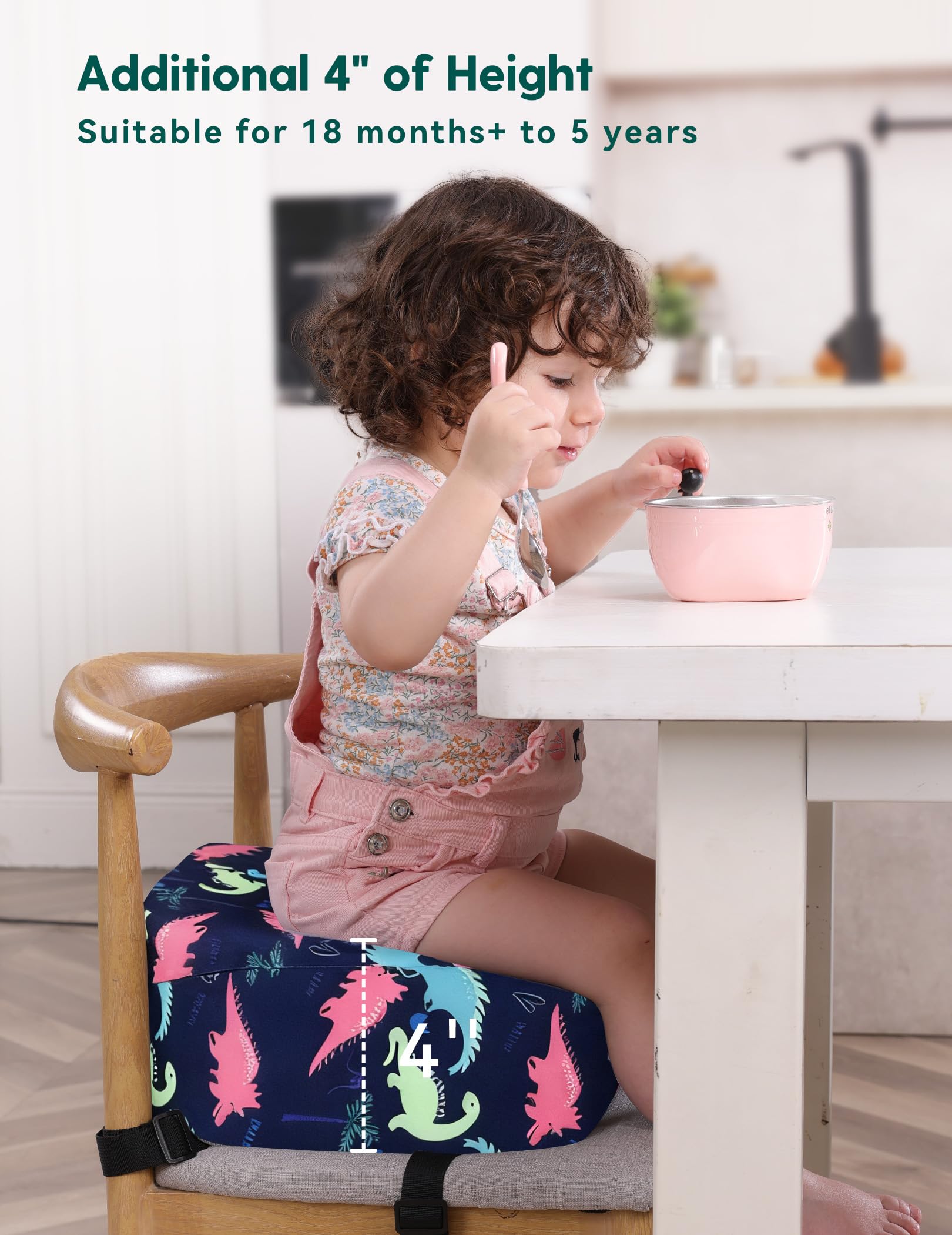 Babelio Siège rehausseur ergonomique pour chaise de cuisine, favorise une bonne posture droite, siège rehausseur pour enfant pour table à manger, housse amovible et lavable, dinosaure bleu