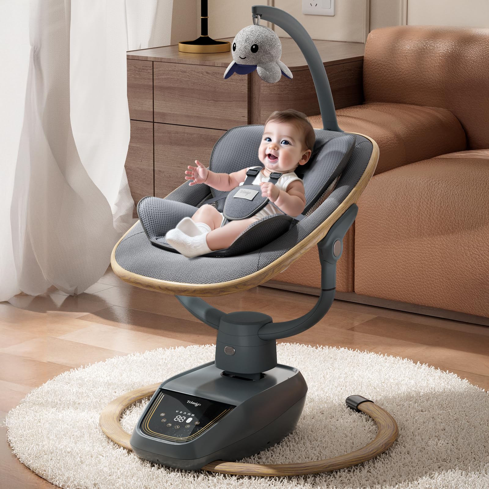 transat bébé électrique 180° réglable 3D, avec télécommande, 5 modes, 4 vitesses, 3 hauteurs de siège, 8 chansons d'apaisement, balancoire bébé 0-12 mois (coloris bois）