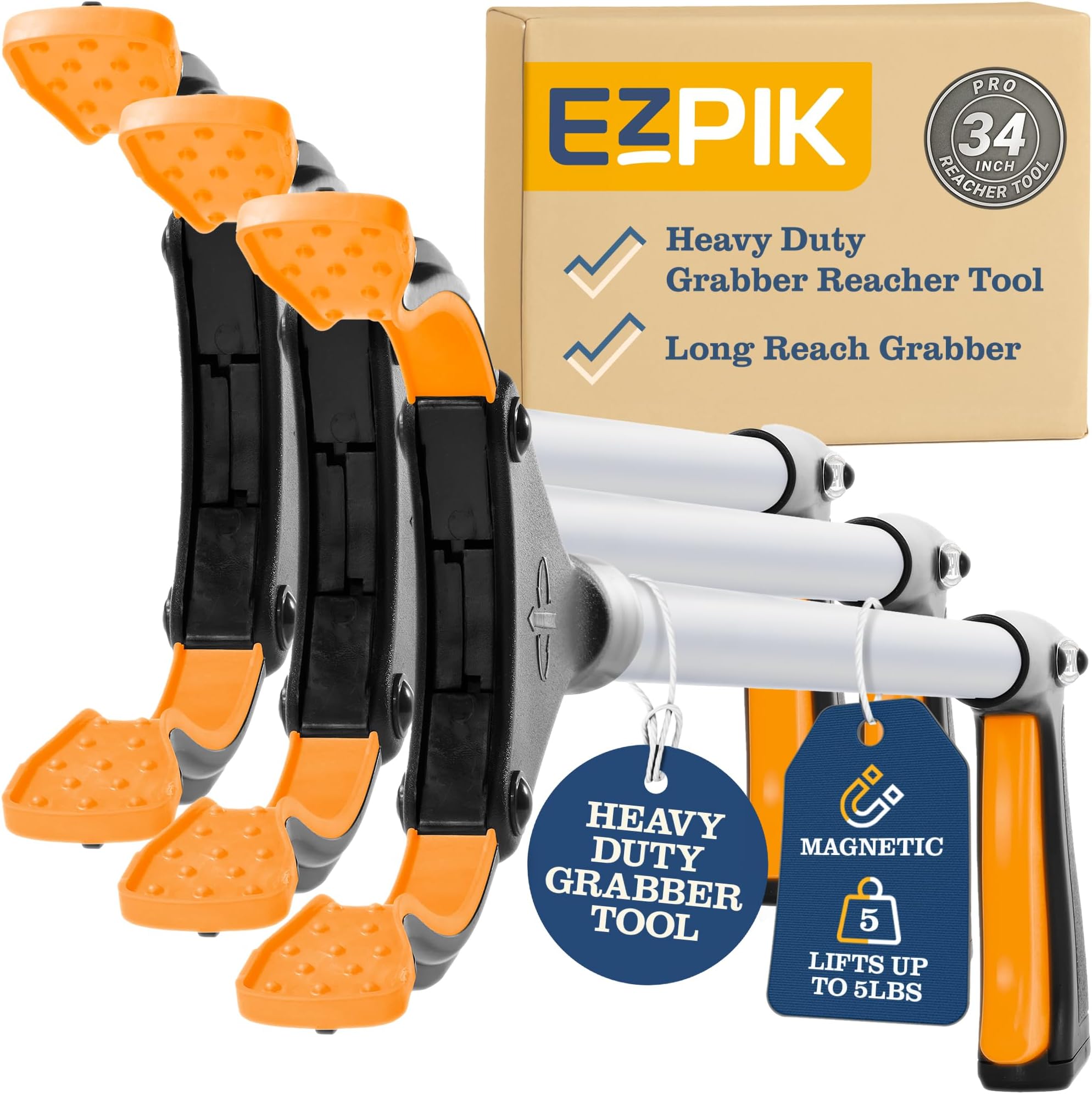 EZPIK Pro 34" Grabber Reacher Tool for Seniors - Grabbers for Elderly Reaching Tool Heavy Duty Pickup Trash Picker Upper Equipment - Claw Grabber Stick for Reaching Aids, Weed Gripper 3-Pack