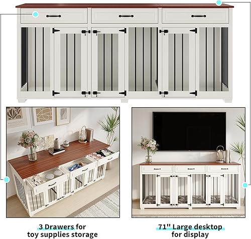 Miniatura 4 de Generic Muebles de jaula para perros Muebles de madera de interior para perreras con 2 divisores, 3 cajones y 3 puertas con cerradura, 72 x 23.6 x