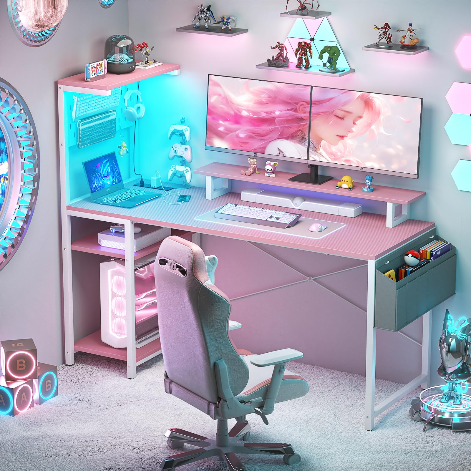 Homieasy Gaming Desk with Power Outlets & Pegboard & Led Light, 51 Inch Computer Desk with Reversible Storage Shelves & Side Storage Bag, PC Gamer Desk with Hutch & Monitor Stand, Carbon Fiber Pink