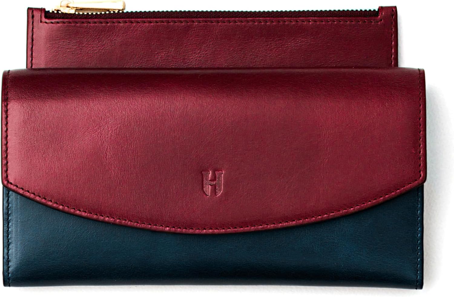 Handcrafted Full-Grain Leather Women’s Wallet, RFID Blocking, 12 Card Slots, 3 Compartments, Removable Zipper Coin Pouch, Gift Box & Pouch, Christmas & Birthday, Burgundy-Navy Blue