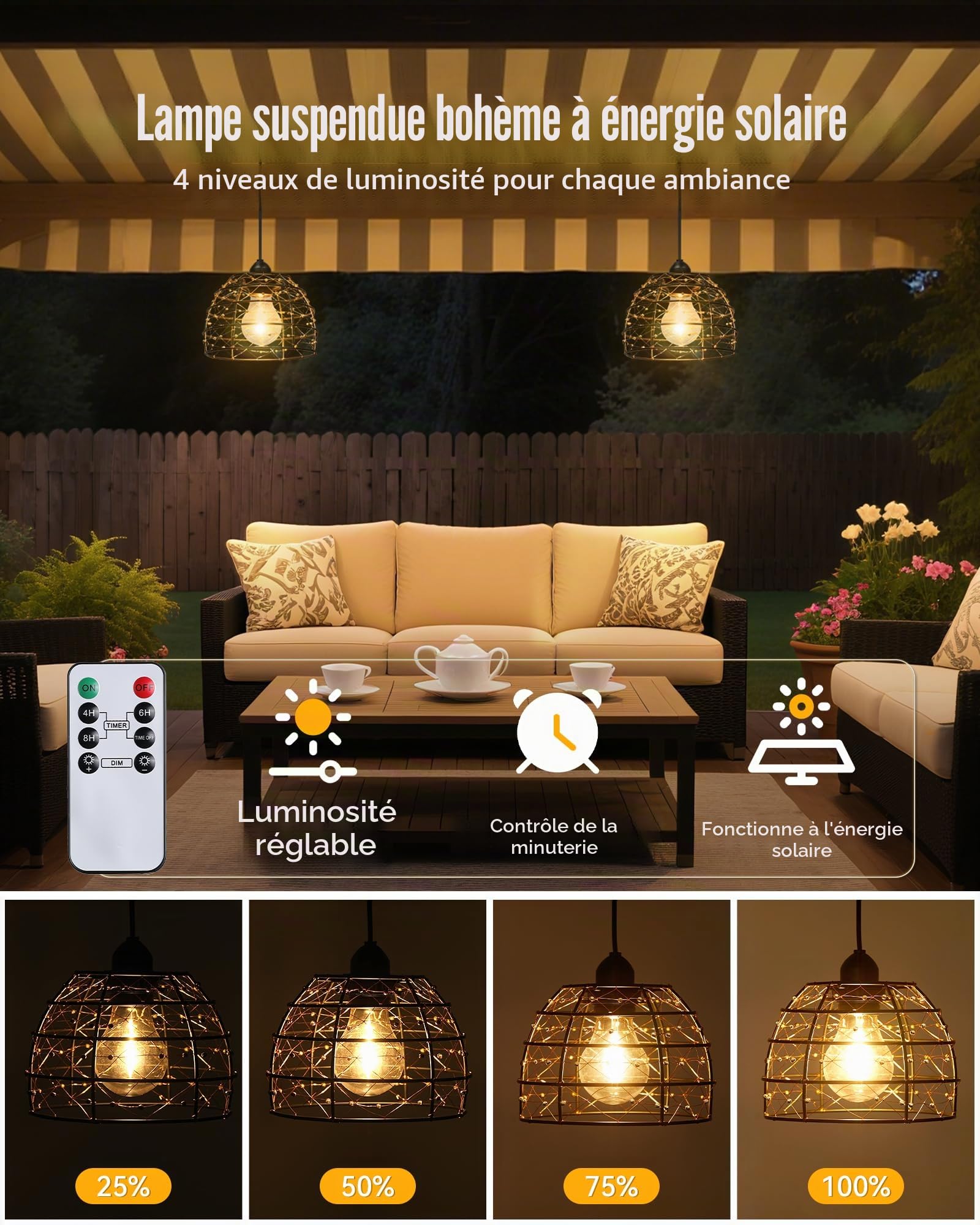 Lampe Solaire Intérieur Extérieur Bohème 2 Suspensions avec Télécommande IP65