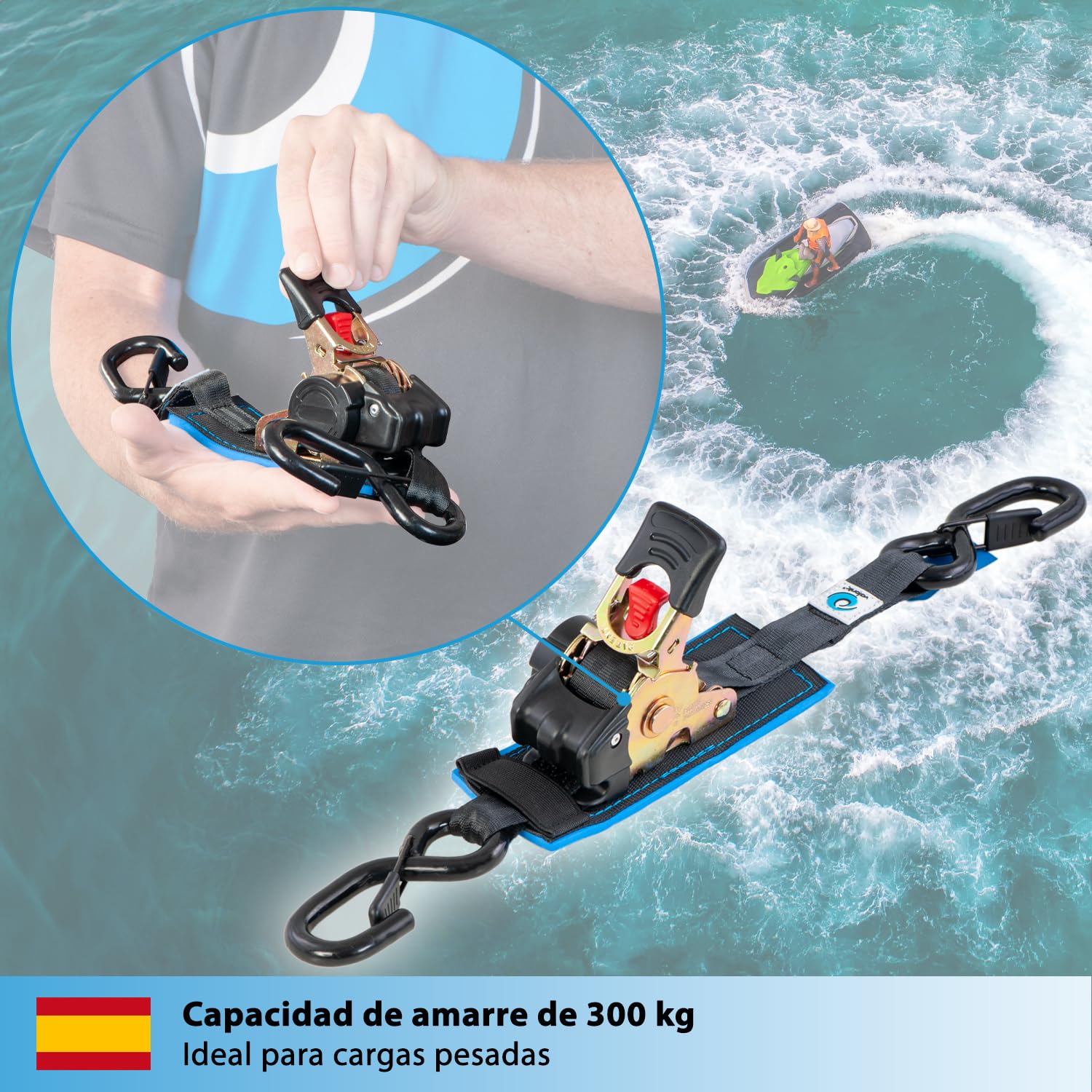 valonic Racoon - 2X 1,8m eslingas automáticas con carraca y Gancho, 25mm, 300/600 Kg, Acolchado, EN-12195-2 - cinchas de Amarre con trinquete, para Sup Board o Moto, Negro