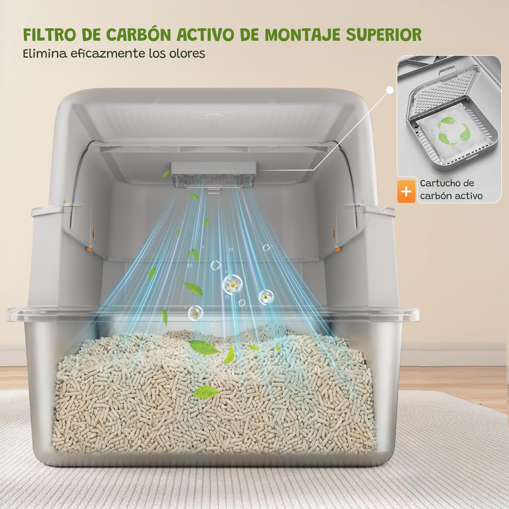 XXL Arenero Gato Cubierto de Acero Inoxidable– 3-en-1 Arenero Cerrado para Gatos con Tapa, con Filtro de Carbón Activo, Tapa Abatible 180°, Pala Metálica, Tapete, Antifugas, Sin Olores
