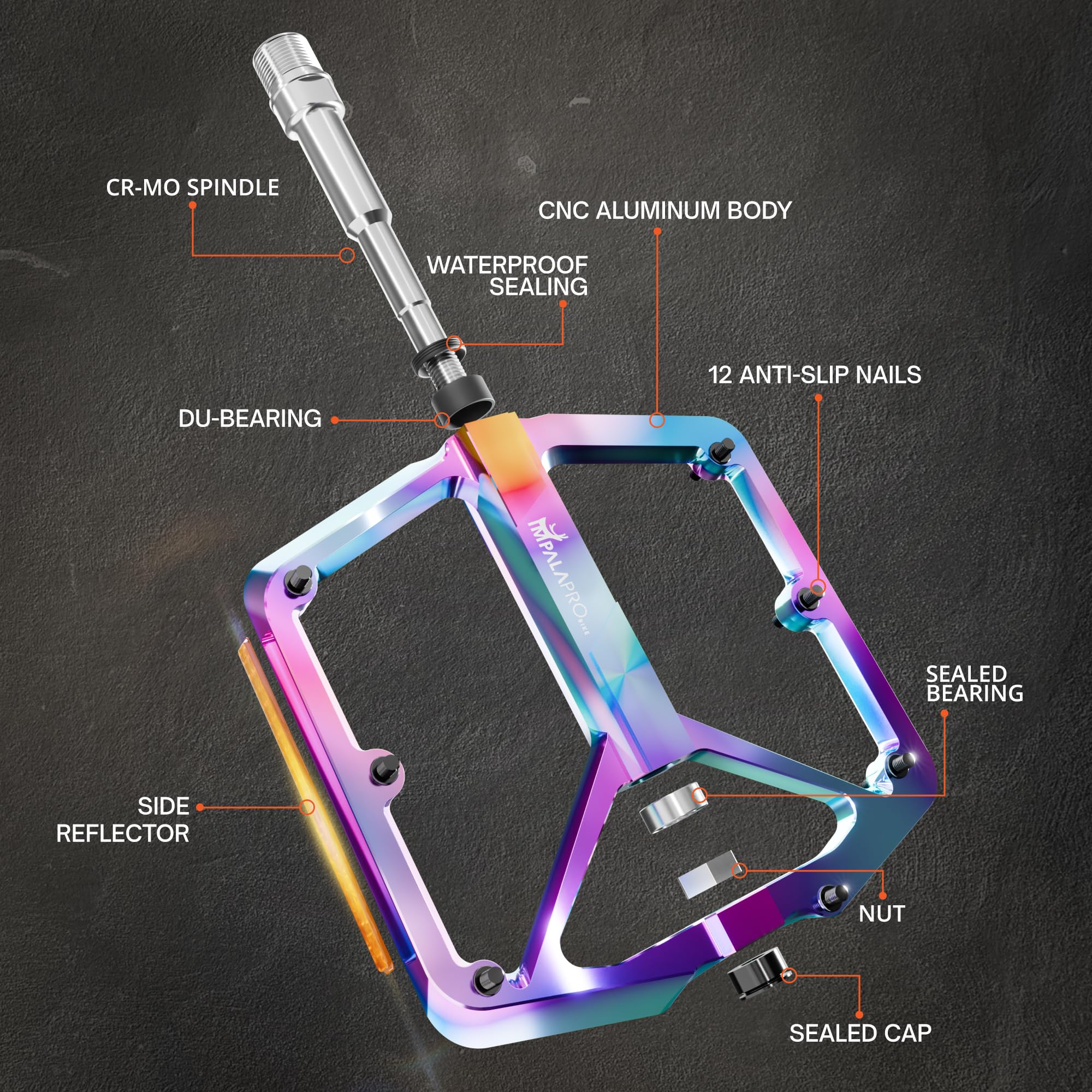 IMPALAPRO Pedali Bici Flat con Riflettori in Alluminio CNC 9/16” – Pedali MTB Flat con Ampia Piattaforma e Pin Antiscivolo Rimovibili – Pedali Bici Corsa Leggeri 355 g