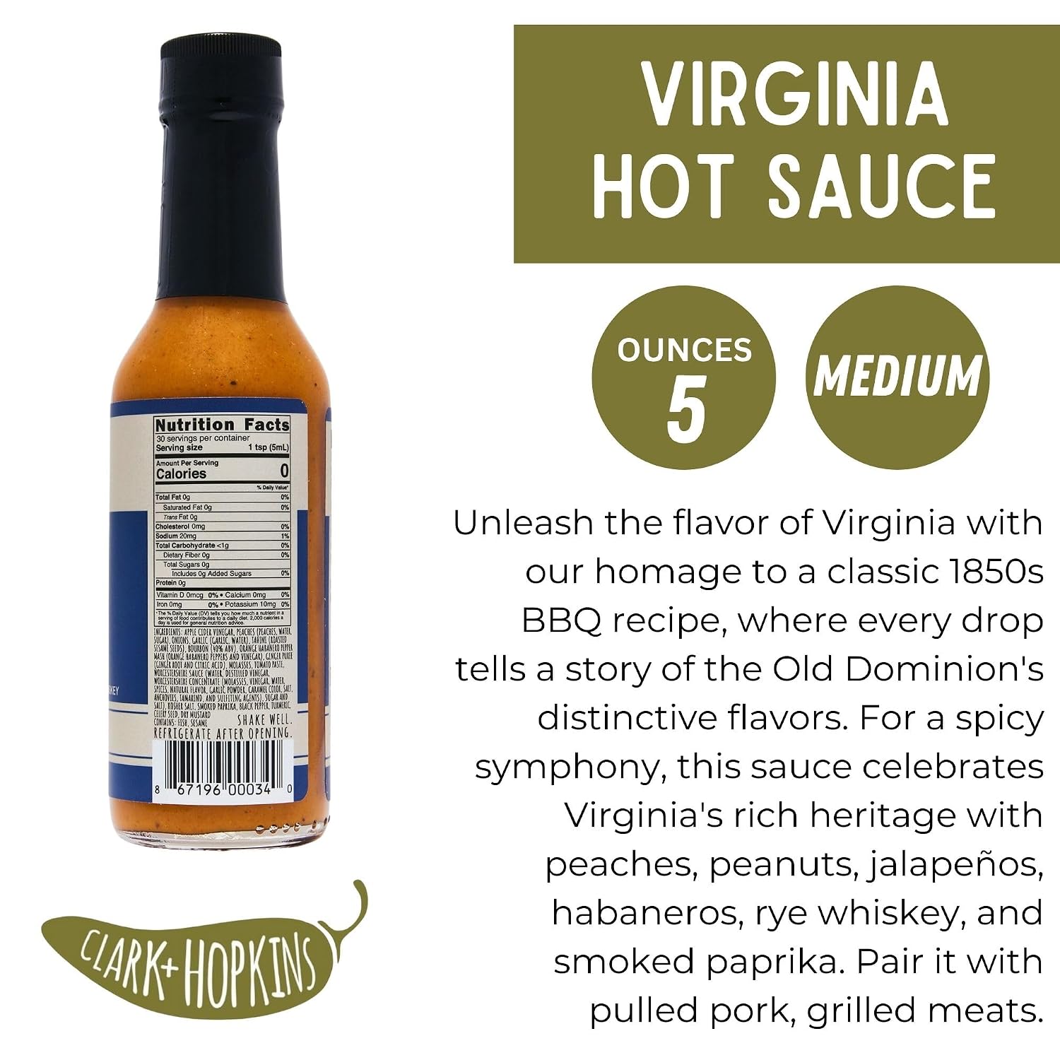 Clark + Hopkins Virginia Jalapeno Pepper Sauce, w/Peaches, Habanero & Whiskey Flavored Hot Sauce, Virginia's Rich Cuisine, Medium Heat, 5 oz (12 Pack)