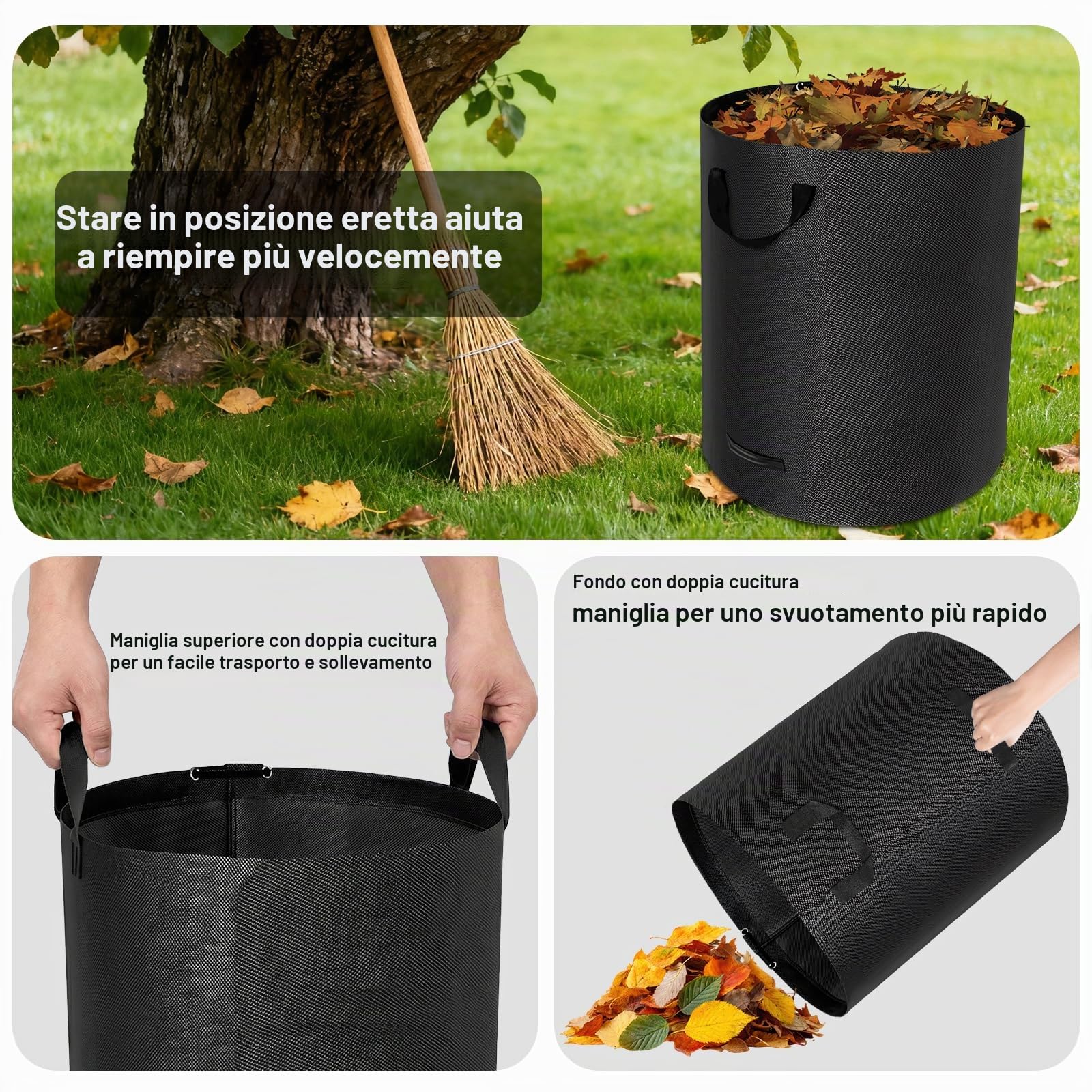 Sacchi per Rifiuti da Giardino Resistenti, 272L x 4Pacchi Sacchi da Giardino Riutilizzabili con Maniglie,incl Guanti, Antistrappo, Idrorepellente, Riutilizzabile, Pieghevole