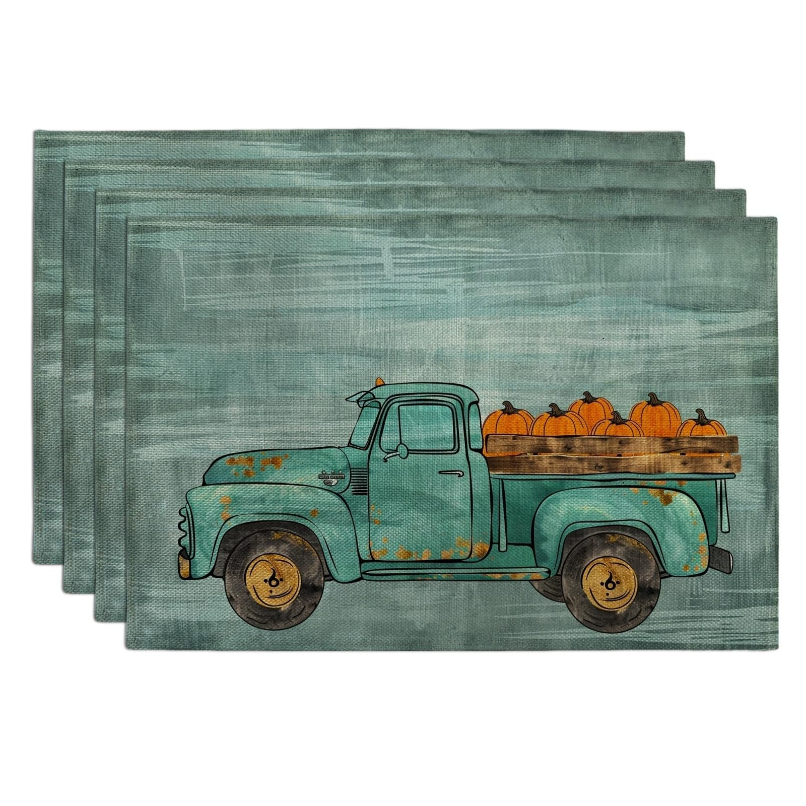 Fall Vintage Truck Placemats, Teal Rustic Harvest Place mats for Dining Table, Non-Slip Washable Indoor Outdoor Party Decorative Placemat Set of 4
