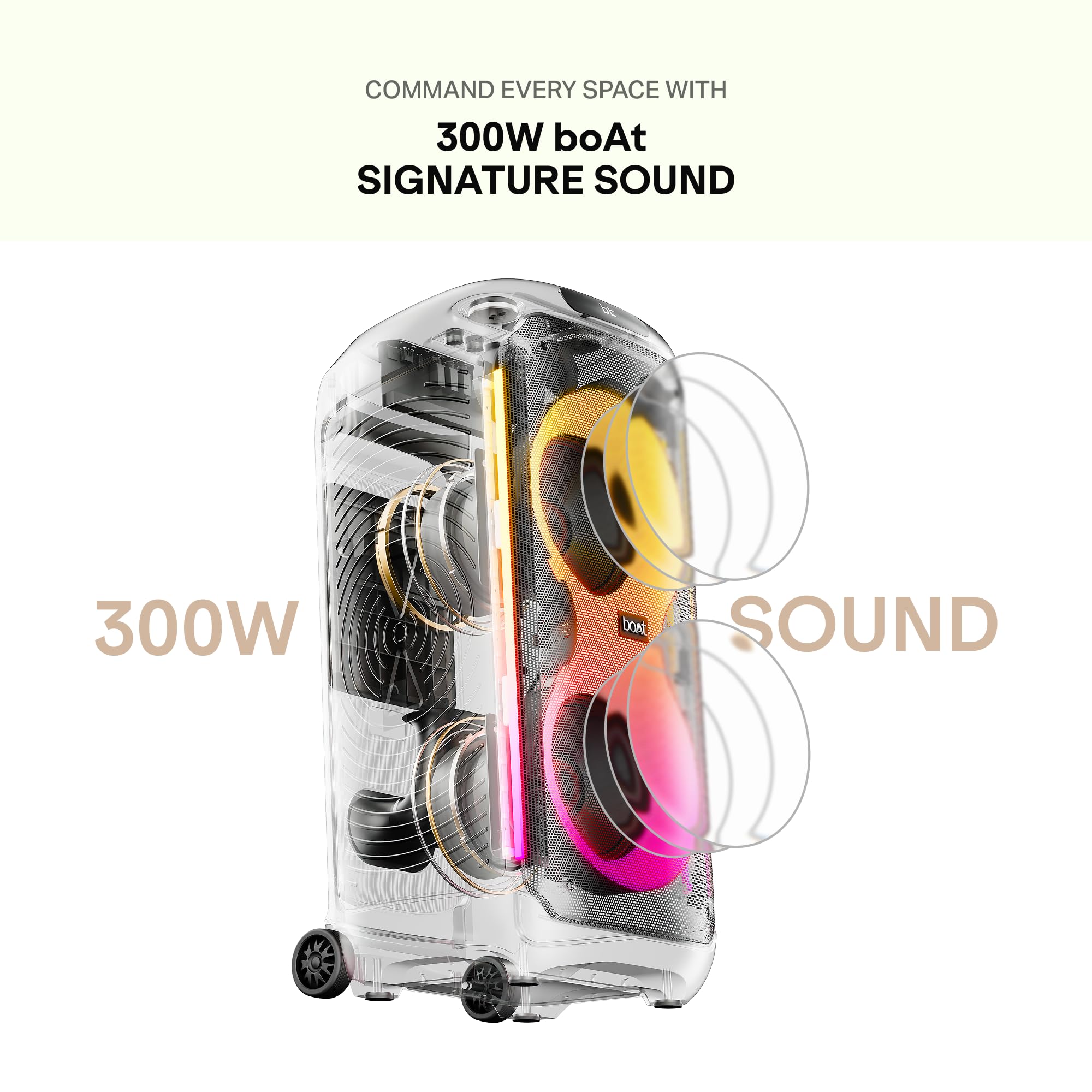boAt 2026 Launch PartyPal 650, AI Karaoke Auto Tuner,Inbuilt DJ Tracks & Bass Drop,300W Output,2 UHF Wireless Microphones,Vibrant RGB LEDs,Wheels for Mobility Bluetooth Party Speaker (Midnight Black) — Amazon image 4