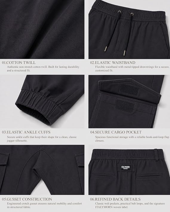 ITALYMORN Mens Casual Khaki Joggers - Cotton Twill Work Cargo Pants