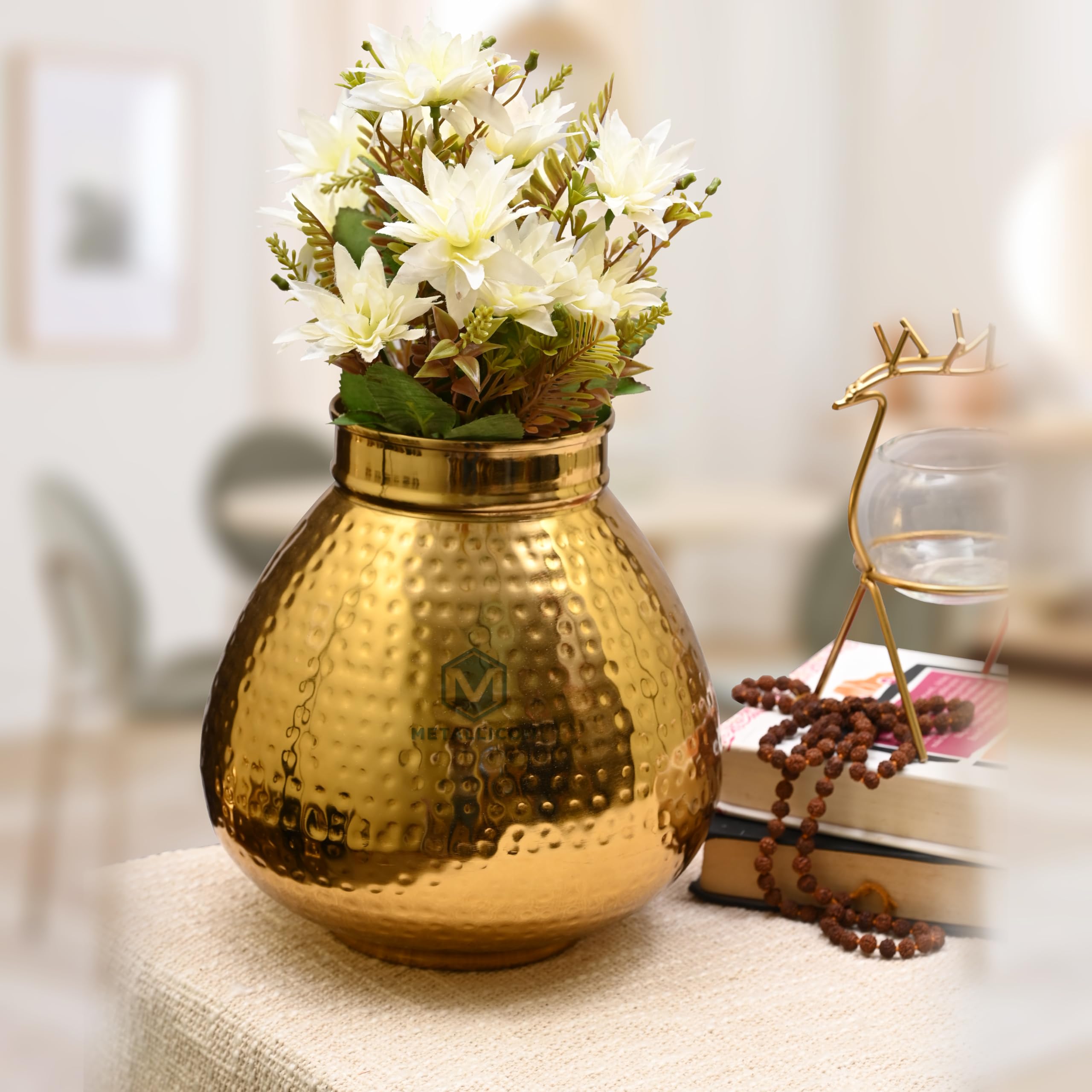 Metallicon 9-Inch Handcrafted Brass Flower Pot – Traditional Indian Design with Hammered Finish | Multipurpose Decor & Storage Vessel (Hammered Gold)-image-23