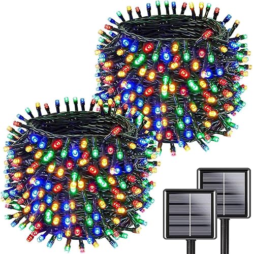 Paquete de 2 luces solares de Navidad multicolor, 180 pies, 500 LED, luces solares impermeables para exteriores, encendidoapagado automático con 8