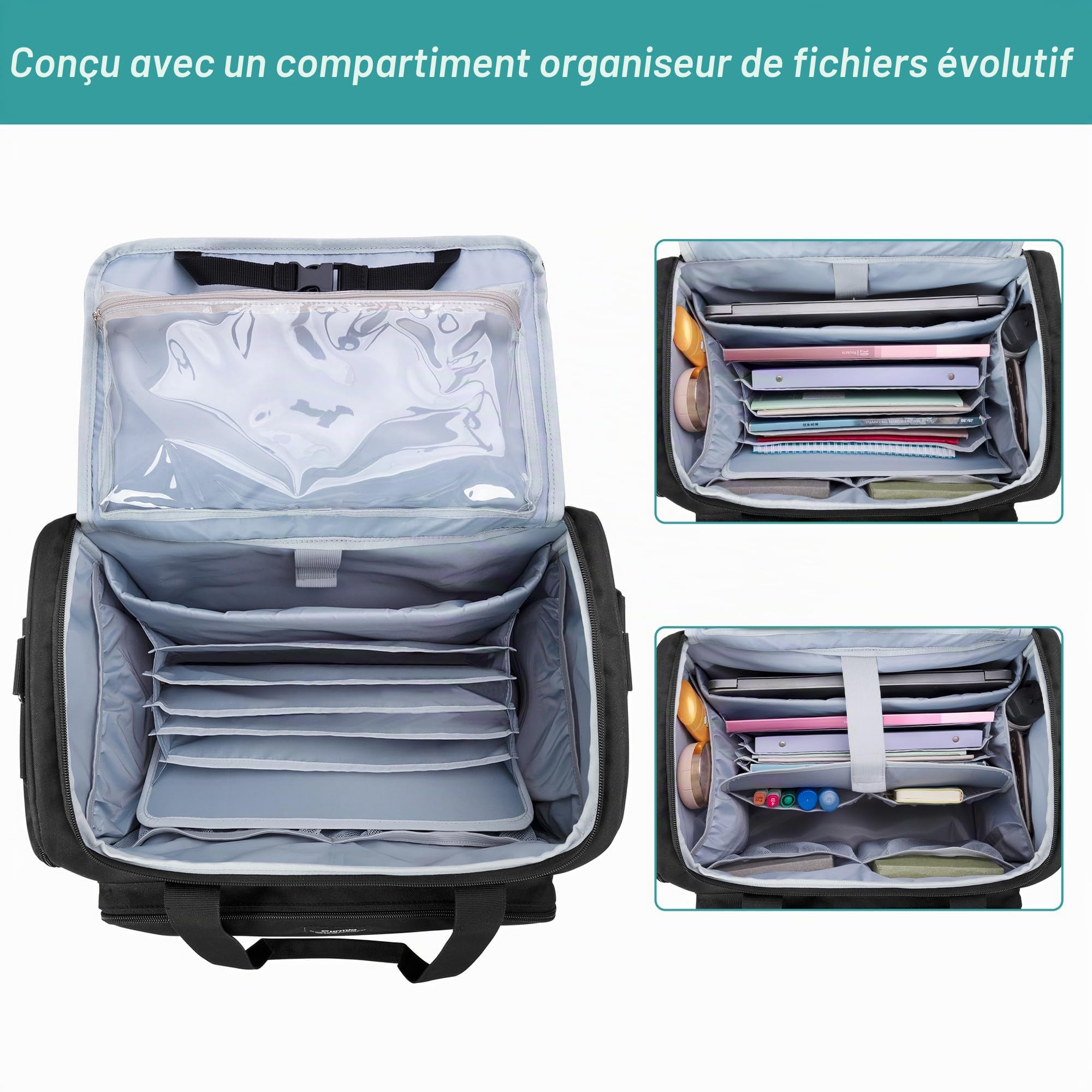 CURMIO Sac de Travail pour Enseignant, Mallettes à Roulette pour Professeur Adapté Aux Ordinateurs Portables de 15,6", Noir (Design Breveté)