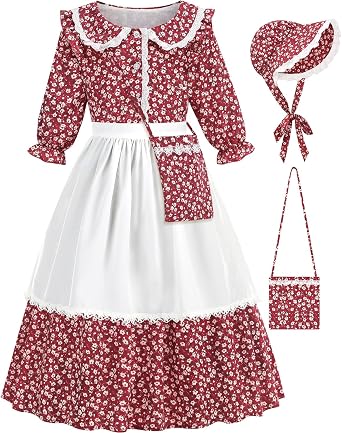 Aoiviss Girls Pioneer Costume Floral Colonial Prairie Dress for Little Kids | Pioneer Girl Costume with Apron, Bonnet and Purse, 3-13 Years