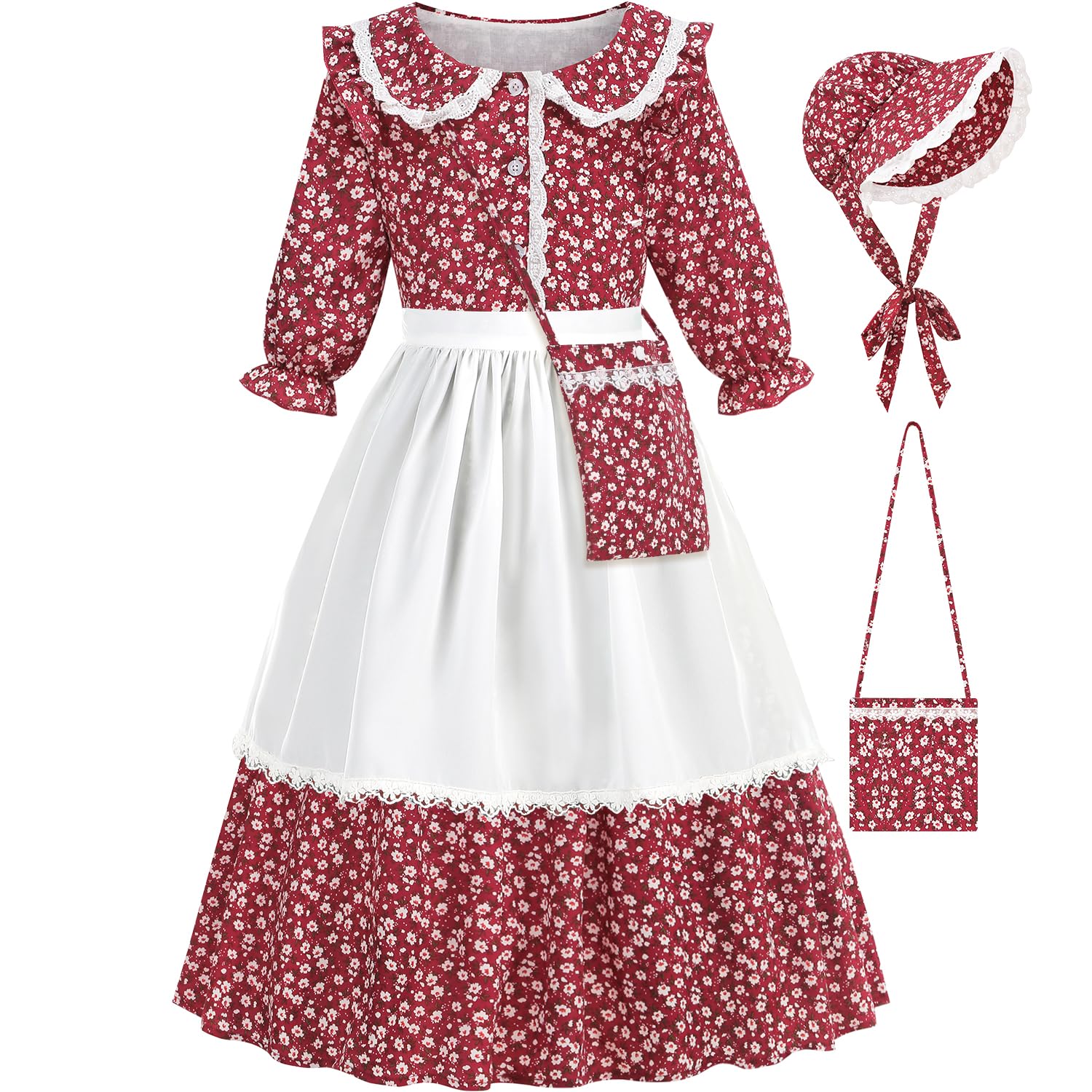 Aoiviss Girls Pioneer Costume Floral Colonial Prairie Dress for Little Kids with Apron and Bonnet