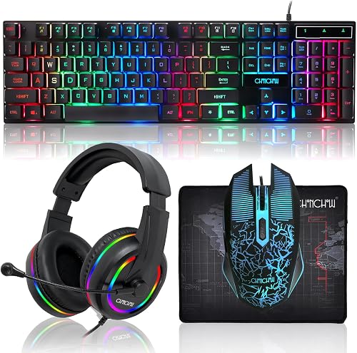 CHONCHOW Gaming LED Keyboard Mouse Headset and Mousepad Bundle, CHONCHOW Wired Rainbow LED Light Up Gaming Keyboard Mouse Headset, Value 4 in 1 Gaming Set for Xbox PS4 PS5 PC Laptop Gamer