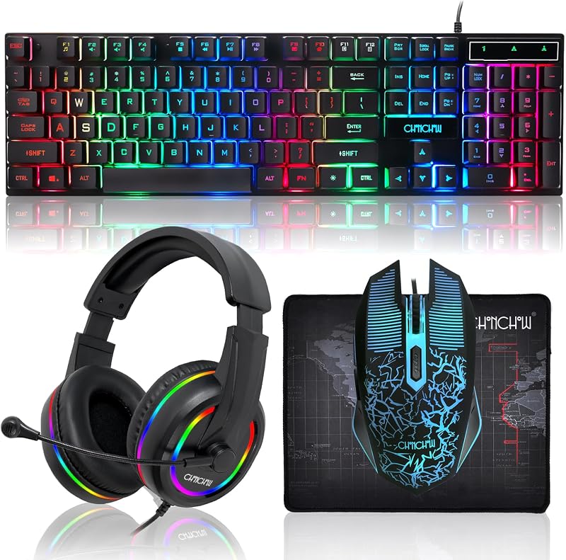 Paquete de auriculares y alfombrilla para mouse con teclado LED para juegos, arcoíris con cable | El LED enciende para arriba las auriculares del ratón del teclado del juego, valor 4 en 1 juego fijado para el videojugador del computadora portátil de la PC de Xbox PS4 PS5